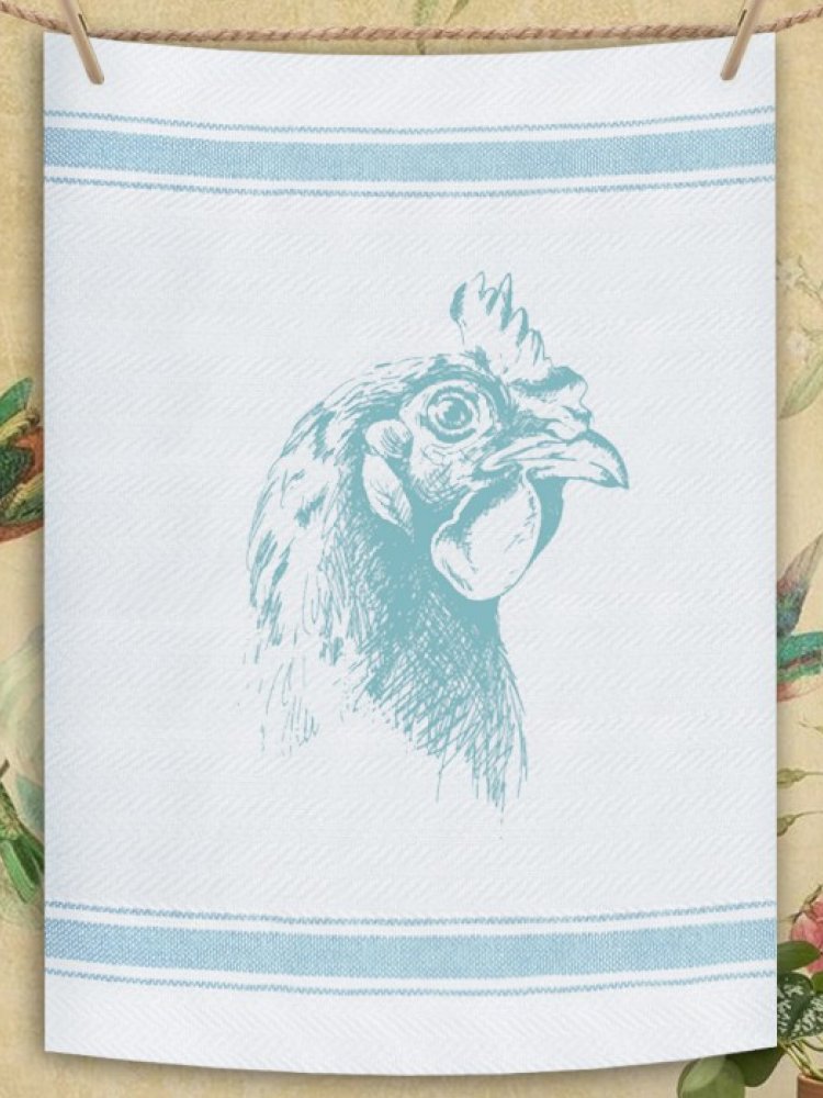 Indian Woven, “Rooster-Light Blue”, Cotton waffle tea towel - Home Landing