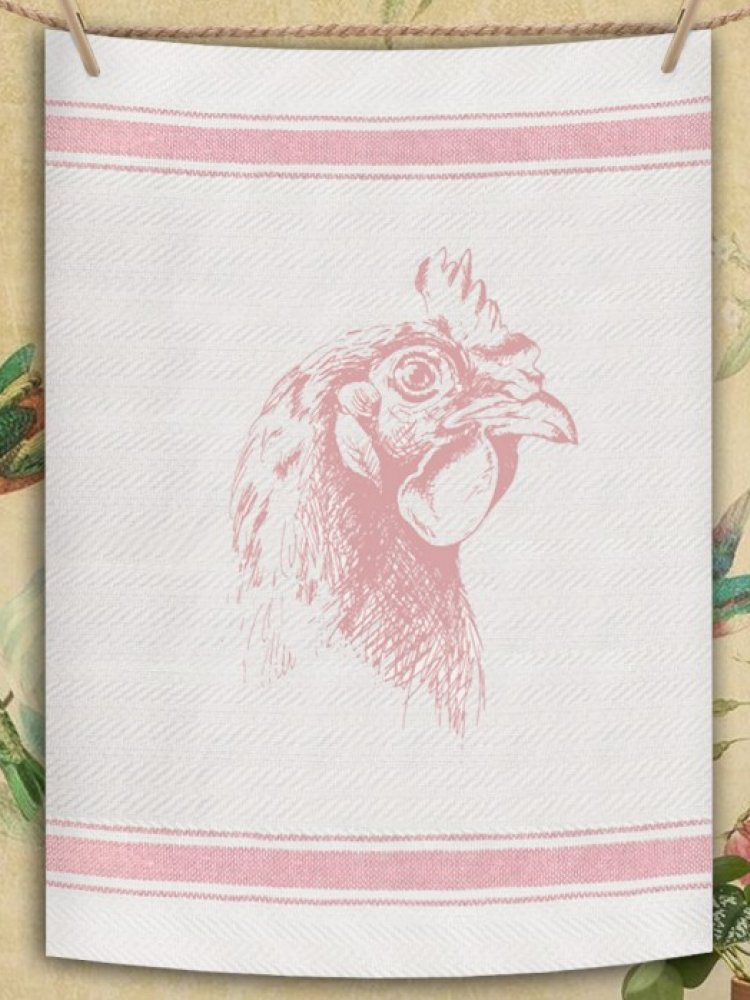Indian Woven, “Rooster-Pink”, Cotton waffle tea towel - Home Landing