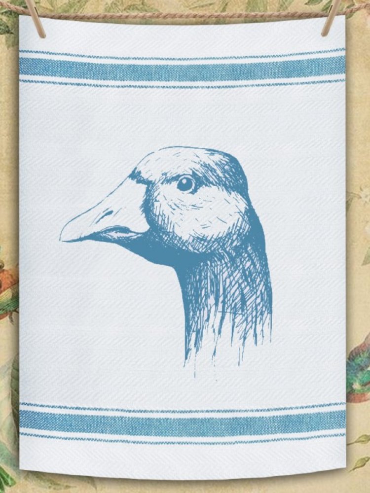 Indian Woven, “Goose Portrait-Navy Blue”, Cotton waffle tea towel - Home Landing
