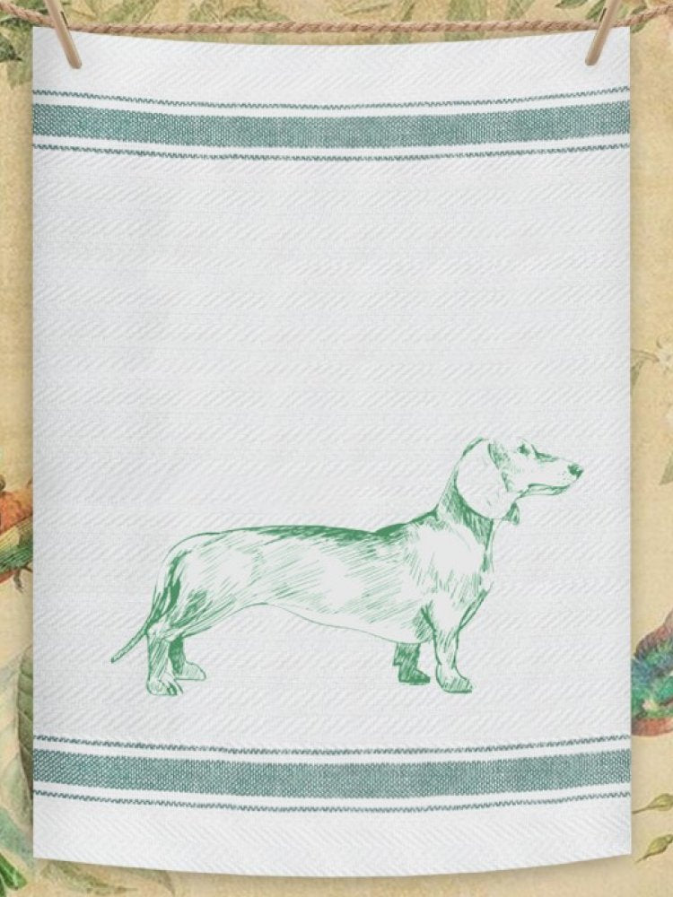 Indian Woven, “Dachshund-Green”, Cotton waffle tea towel - Home Landing