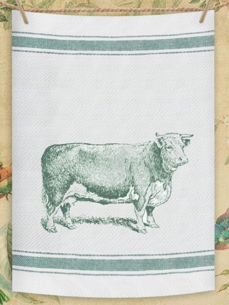 Indian Woven, “Cow-Green”, Cotton waffle tea towel - Home Landing