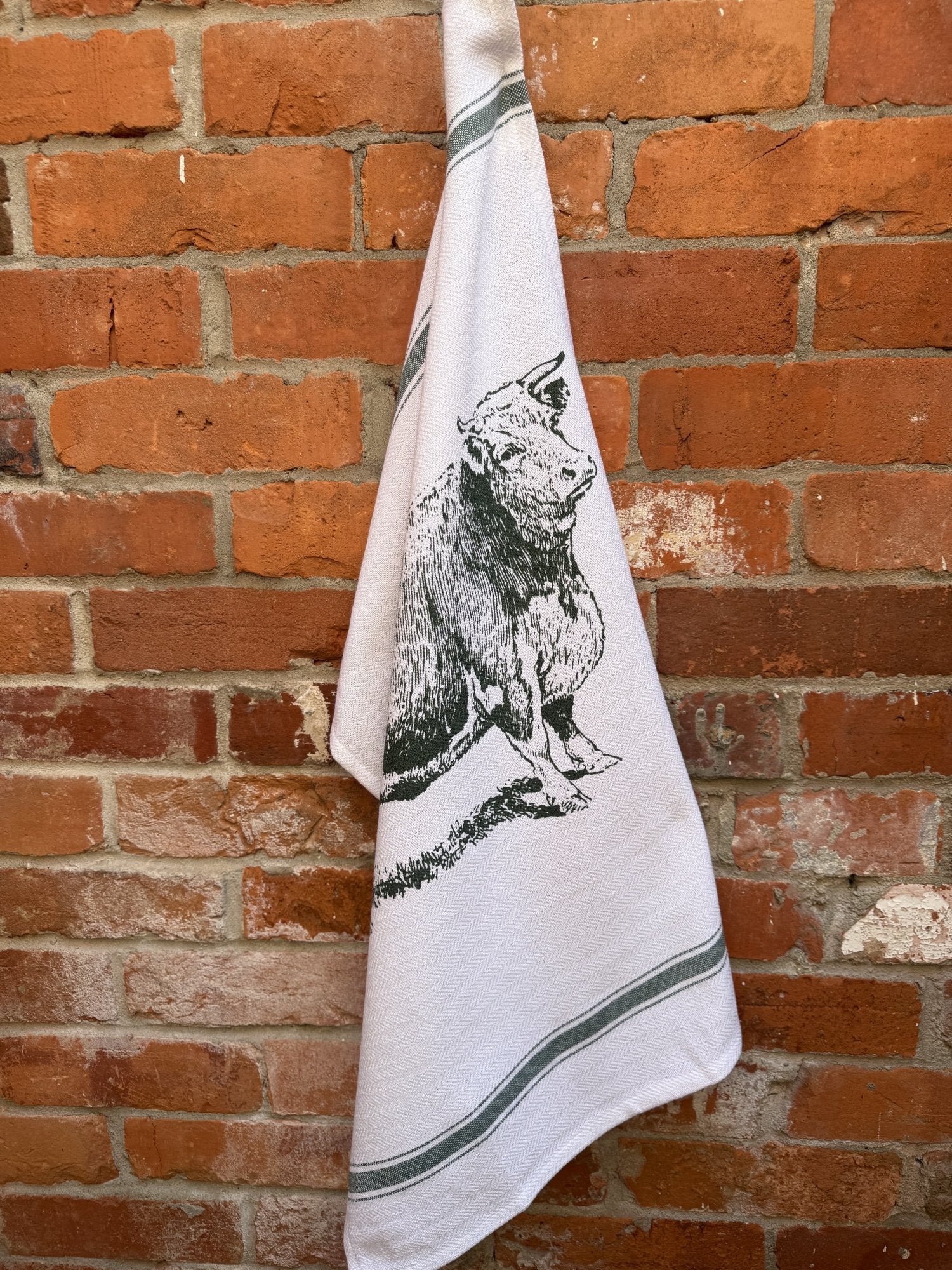 Indian Woven, “Cow-Green”, Cotton waffle tea towel - Home Landing