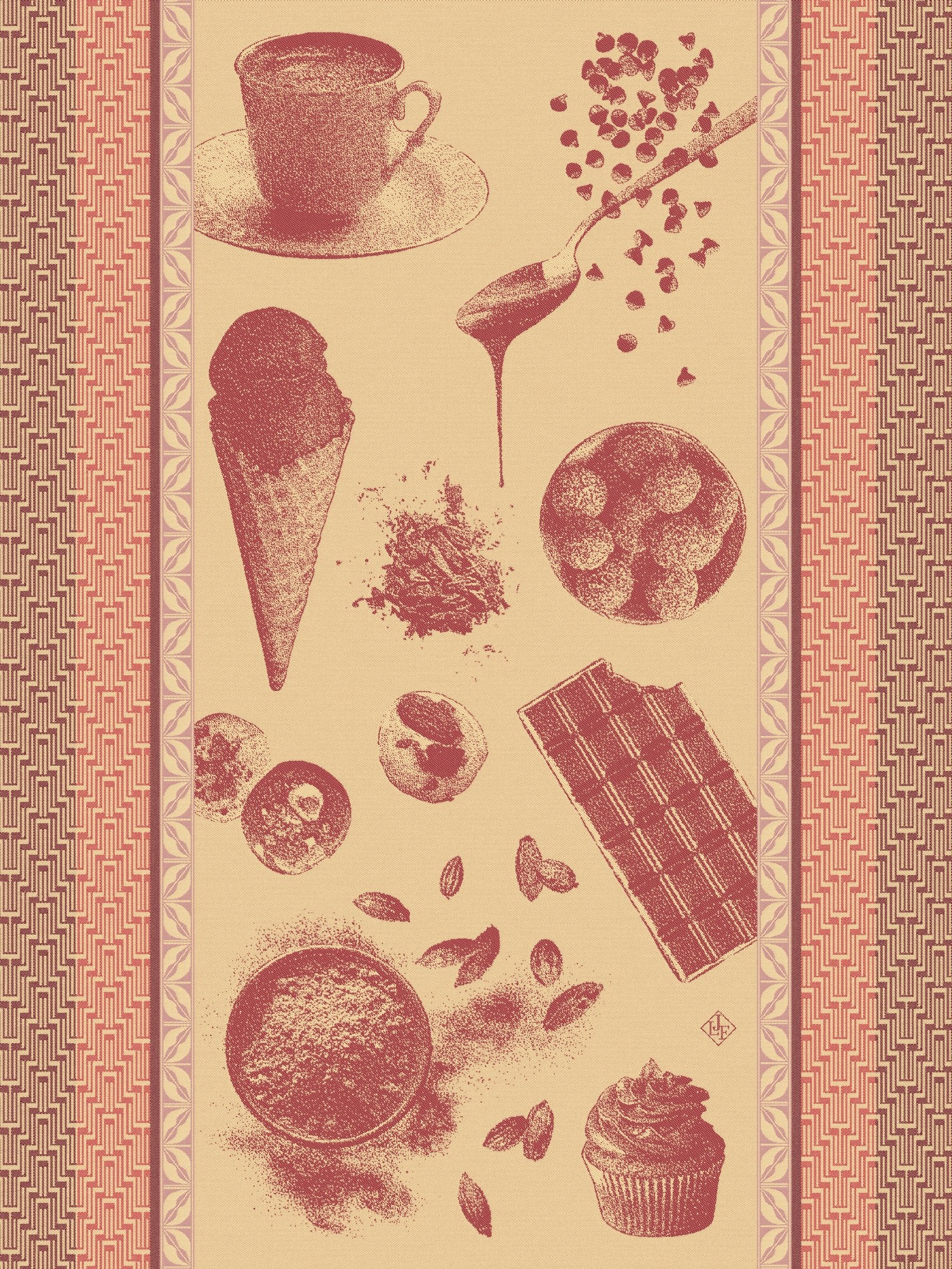 Jacquard Francais "Chocolates - Recettes" (Pink), Woven cotton tea towel. Made in France.