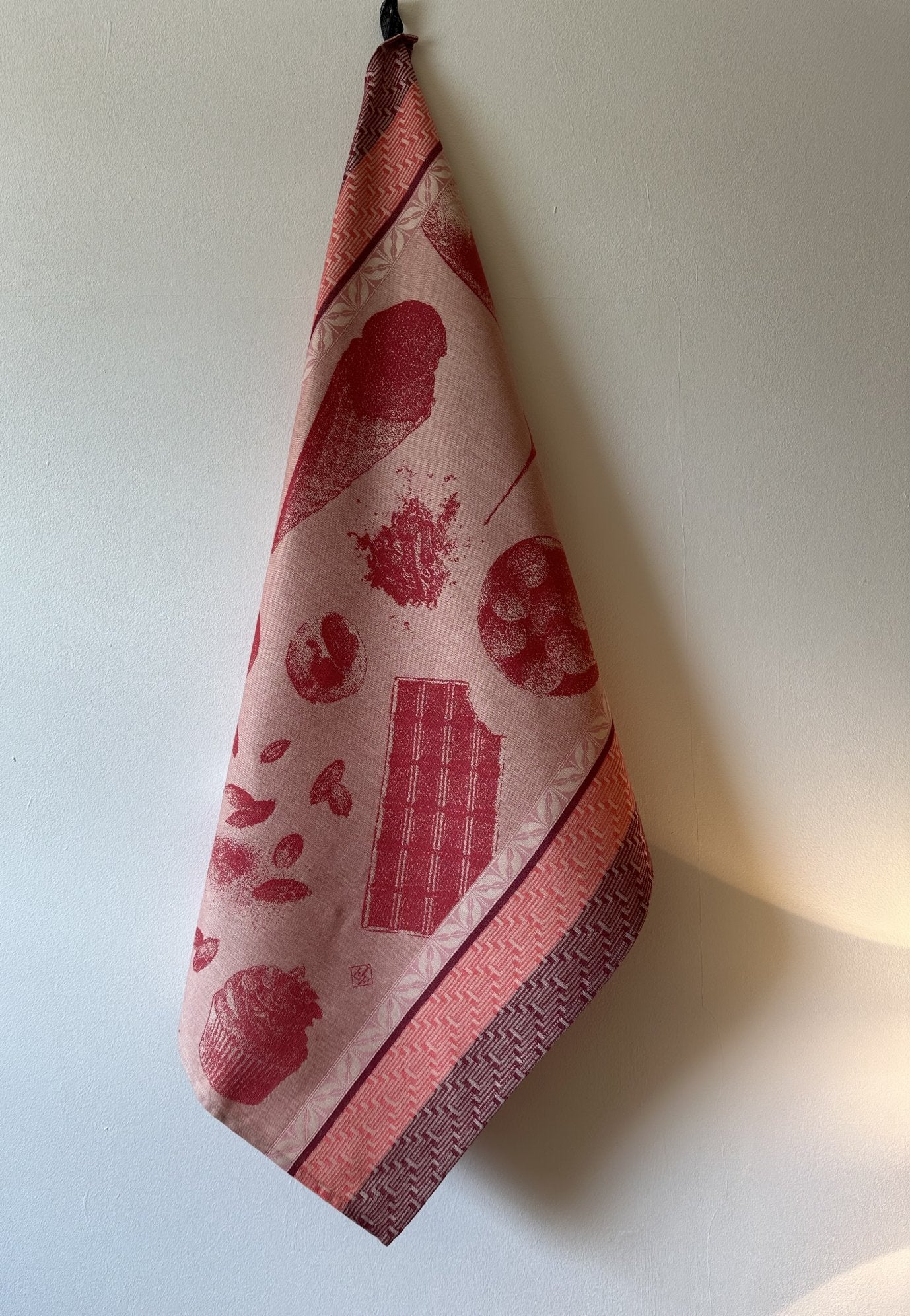 Jacquard Francais "Chocolates - Recettes" (Pink), Woven cotton tea towel. Made in France.
