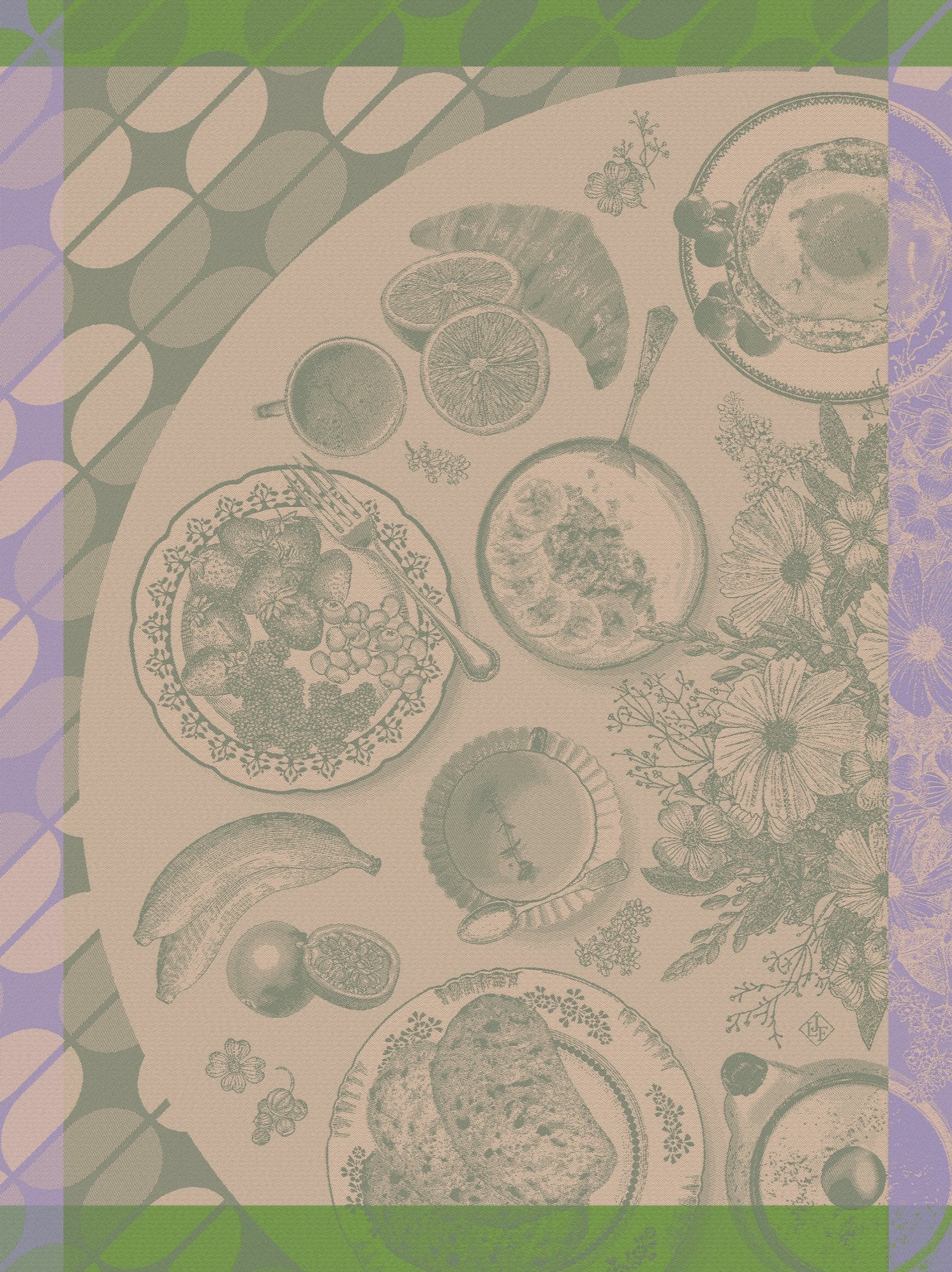 Jacquard Francais "Brunch Gourmand" (Kiwi), Woven cotton tea towel. Made in France.