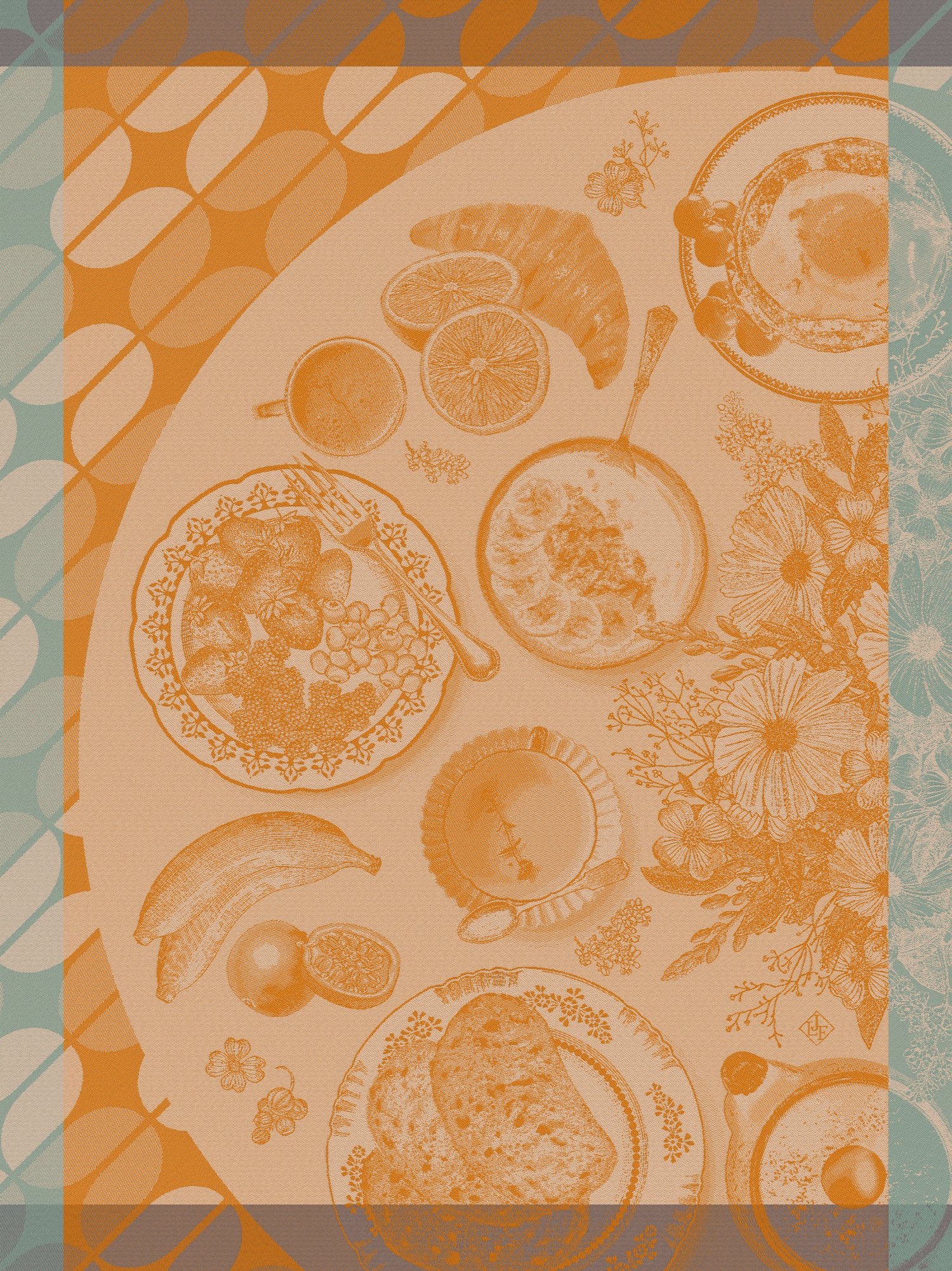 Jacquard Francais "Brunch Gourmand" (Orange), Woven cotton tea towel. Made in France.