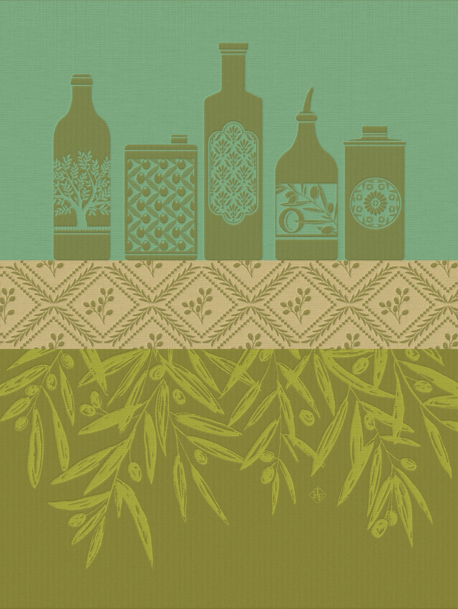 Jacquard Français "Huiles Provencales" (Green), Woven cotton tea towel. France