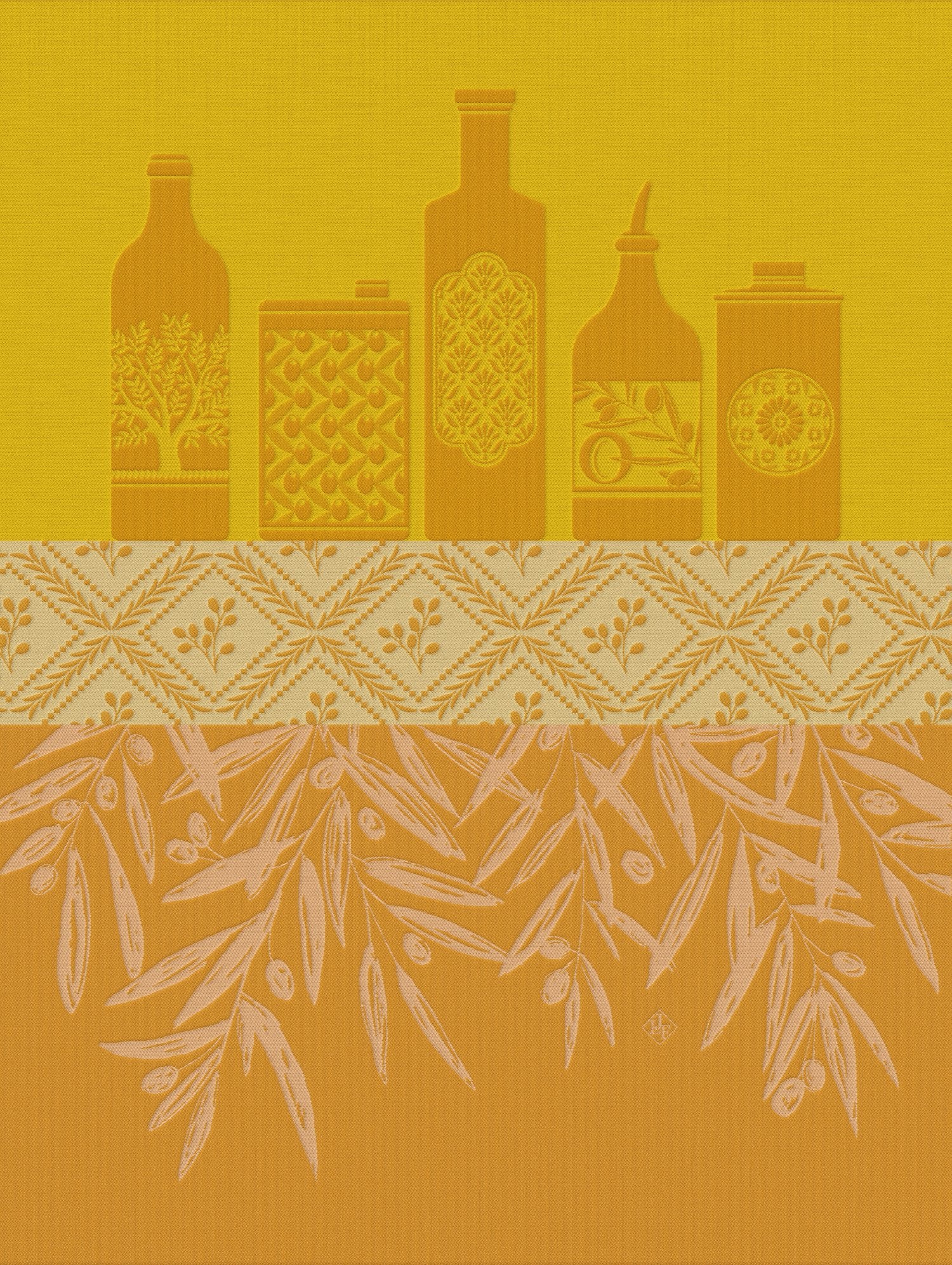 Jacquard Français "Huiles Provencales" (Yellow), Woven cotton tea towel. Made in France.