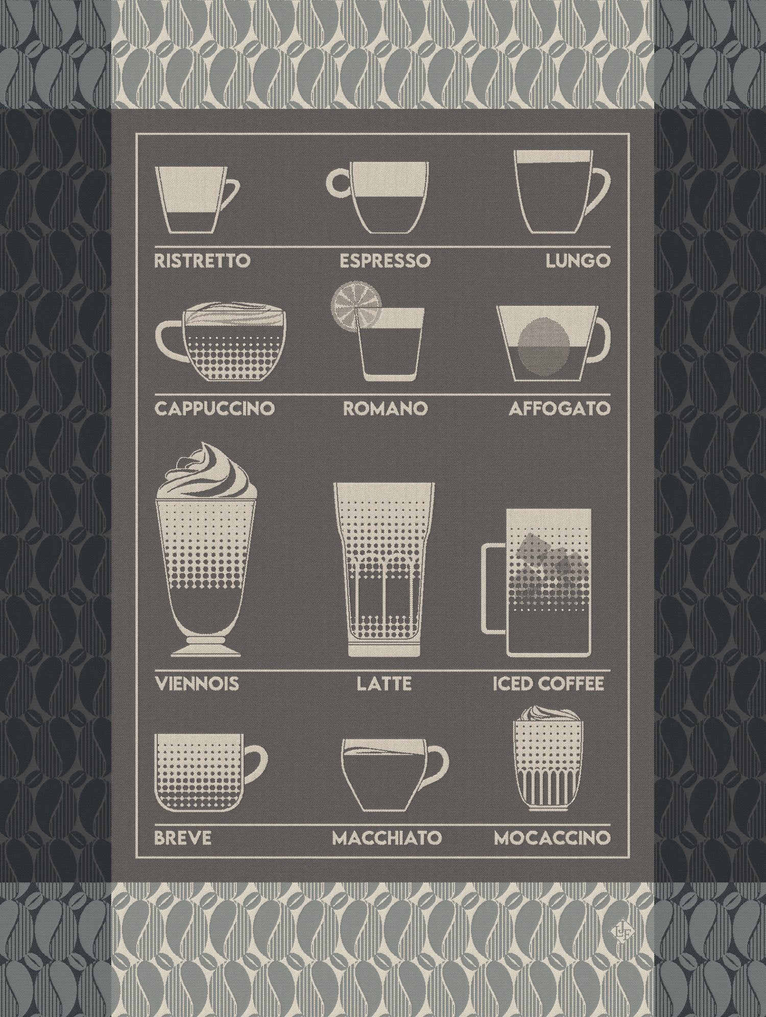 Jacquard Francais "Barista" (Black), Woven cotton tea towel. Made in France.