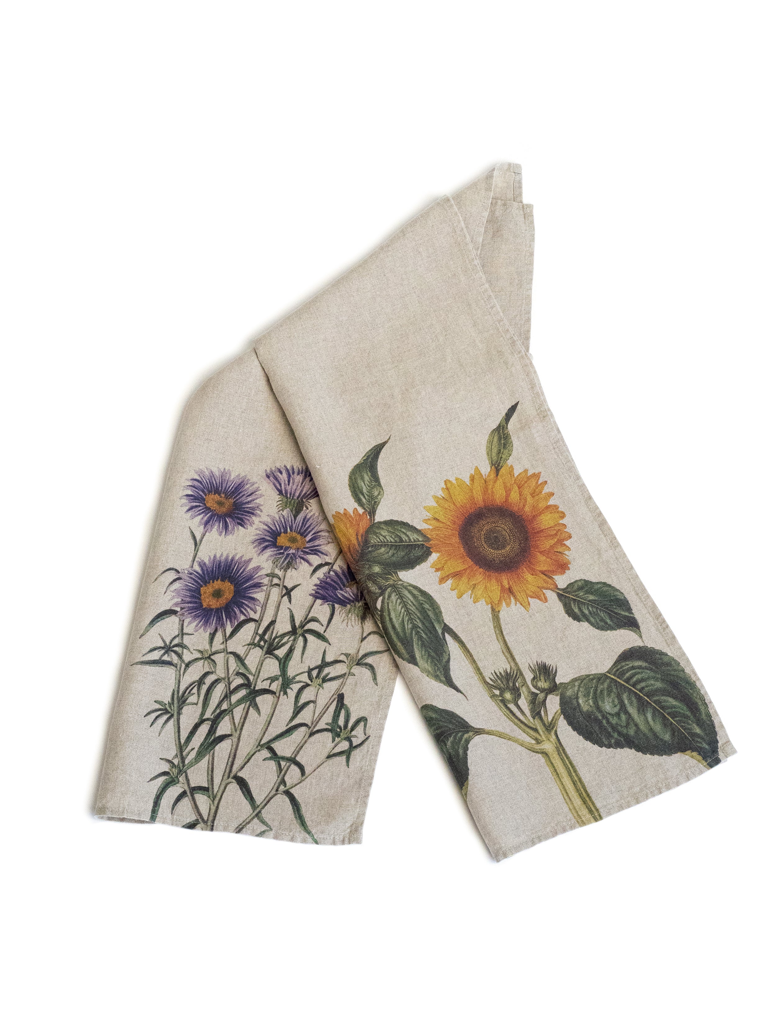 Linoroom “Aster & Sunflowers,” Pair of linen printed tea towels.