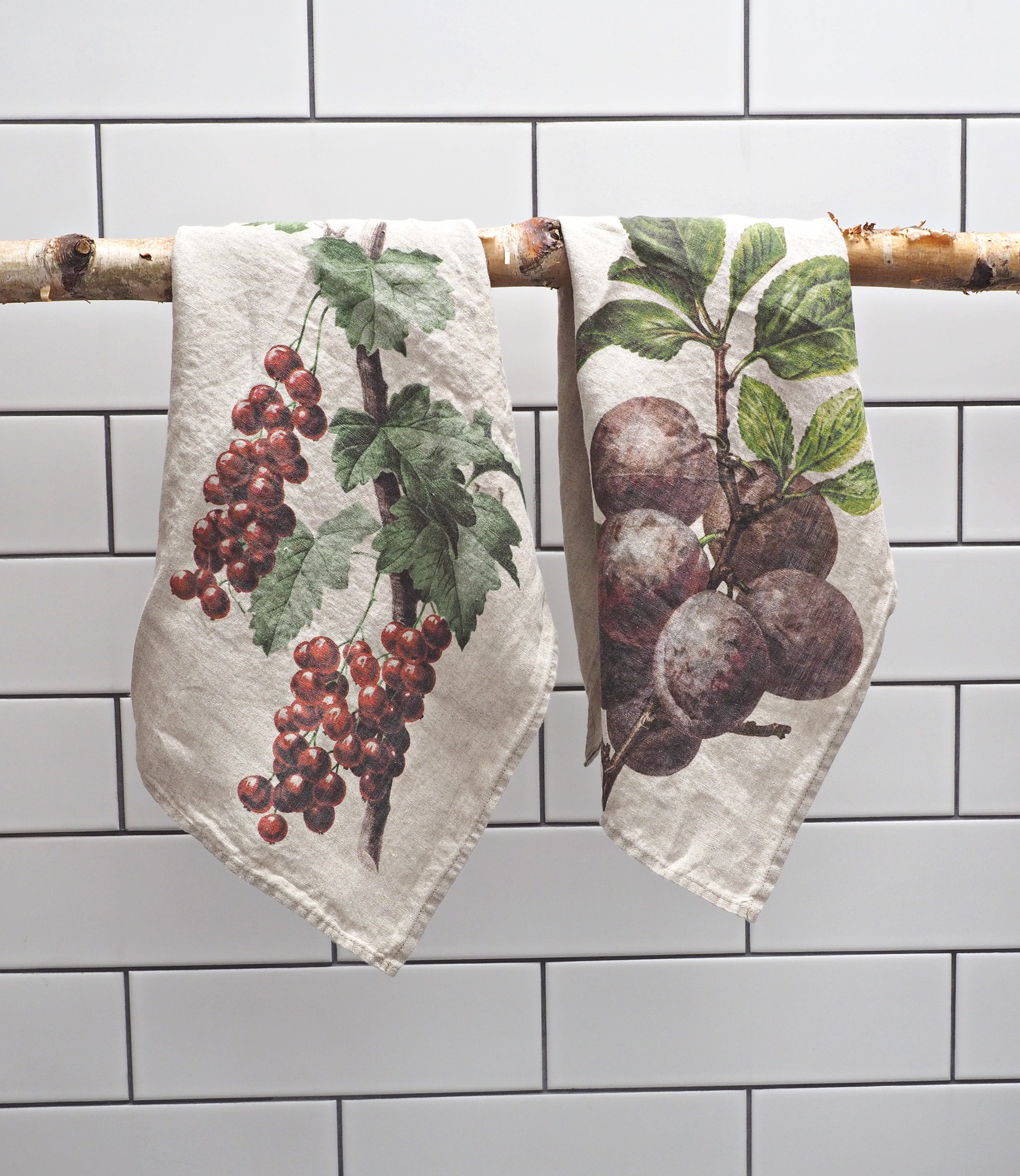 Linoroom “Redcurrant & Plum,” Pair of linen printed tea towels.