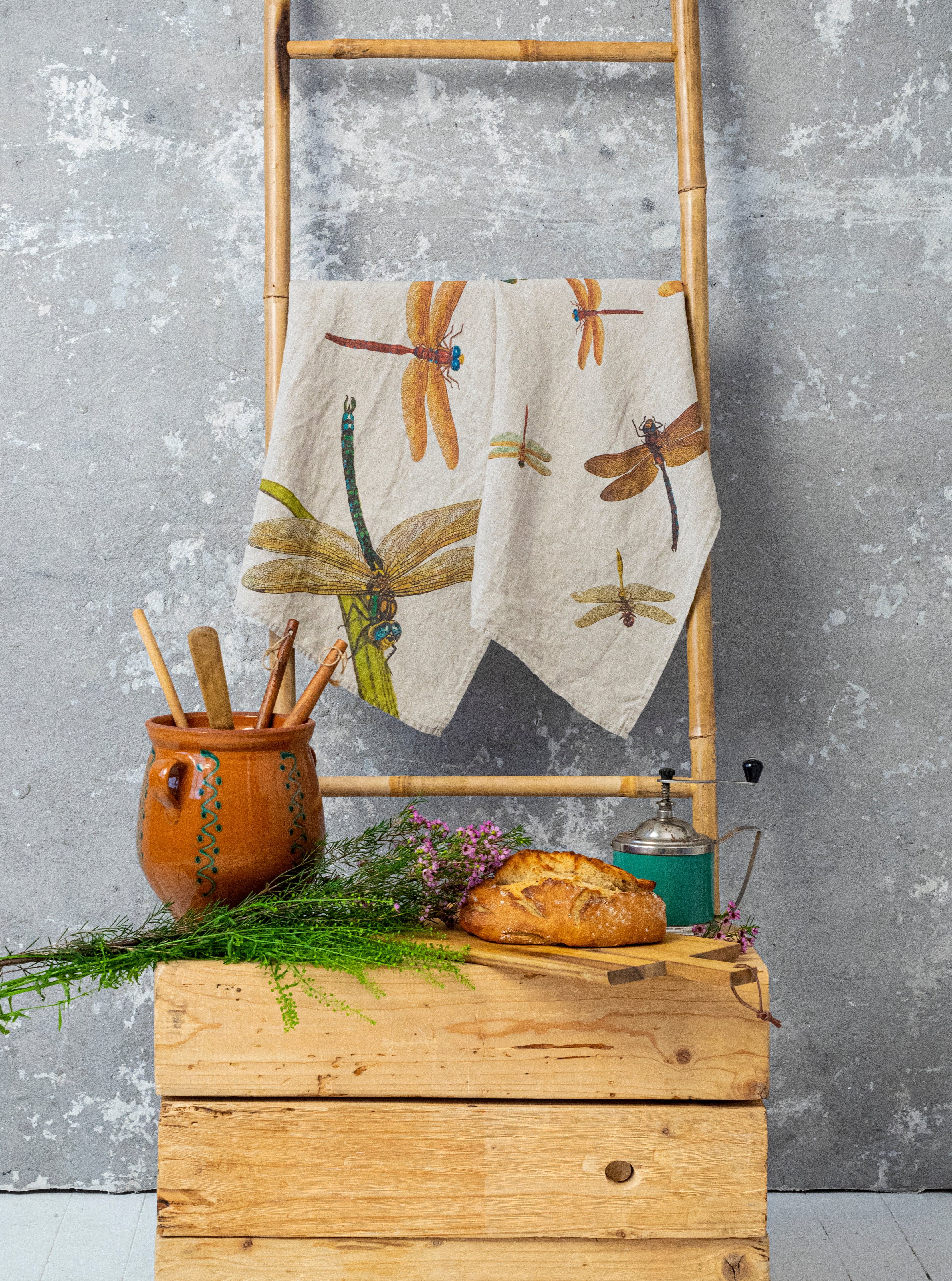 The Linoroom “Lakeside Dragonflies,” Pair of linen printed tea towels.