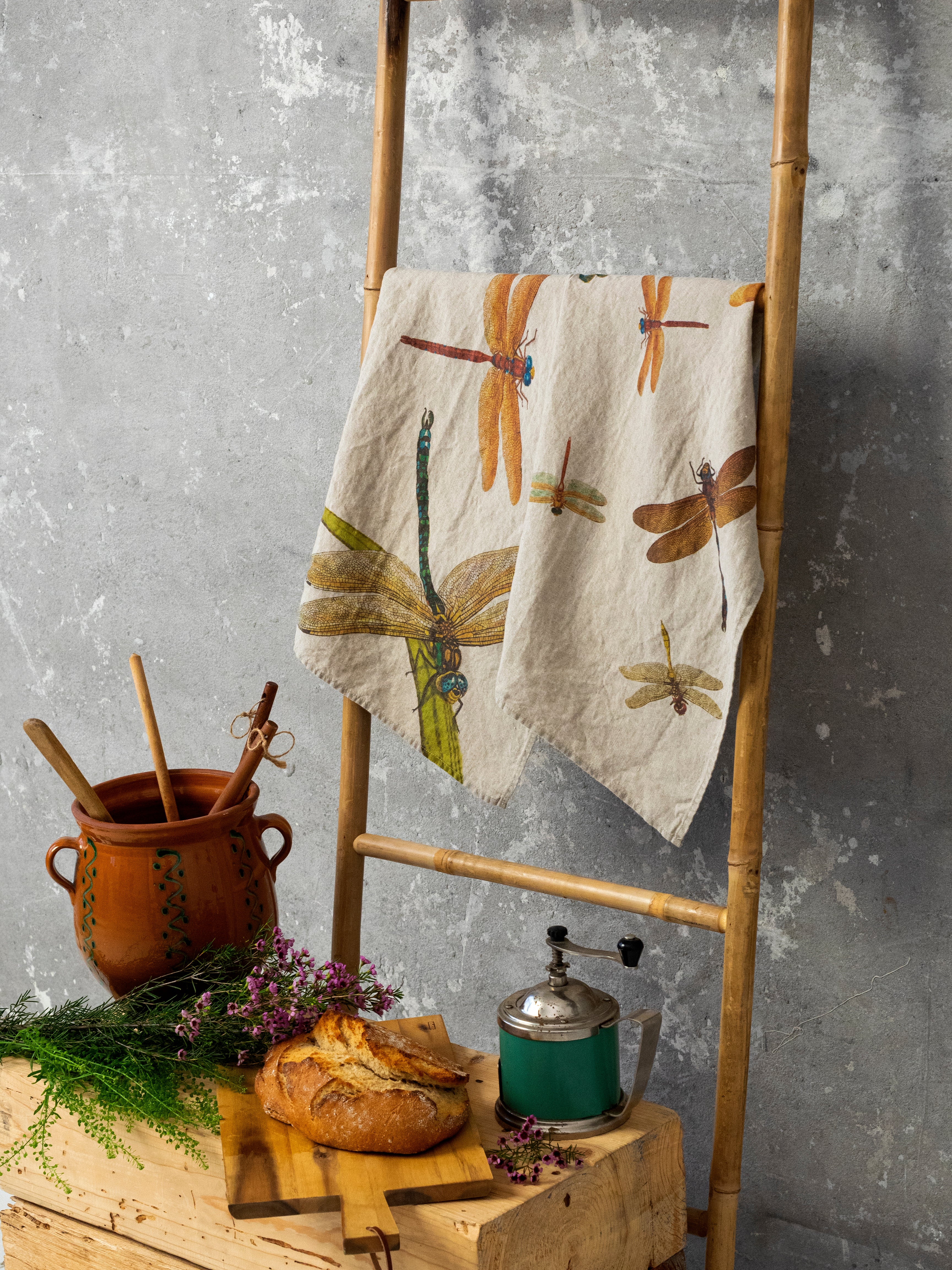 Linoroom “Lakeside Dragonflies,” Pair of linen printed tea towels.