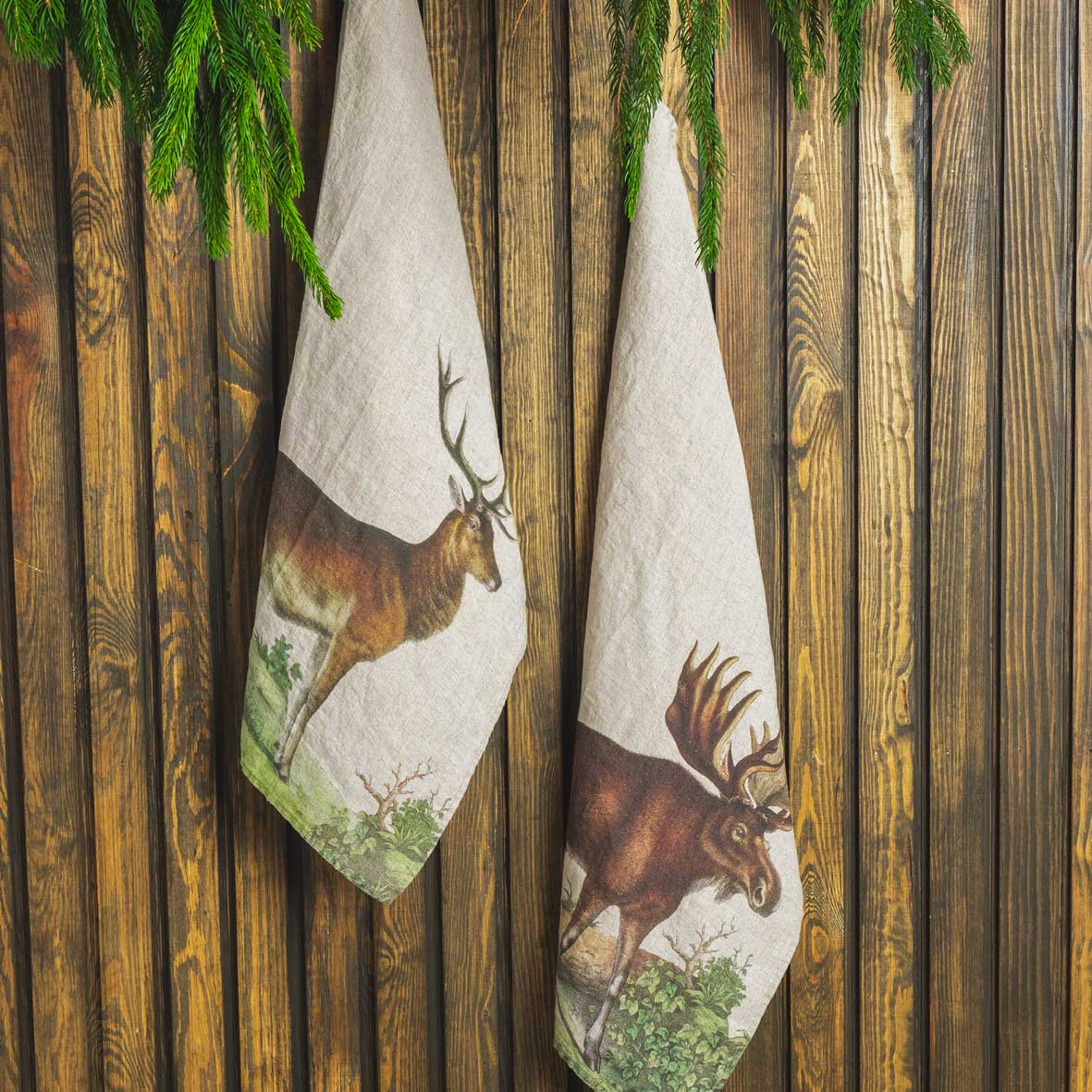 Linoroom “Moose & Deer,” Pair of linen printed tea towels.