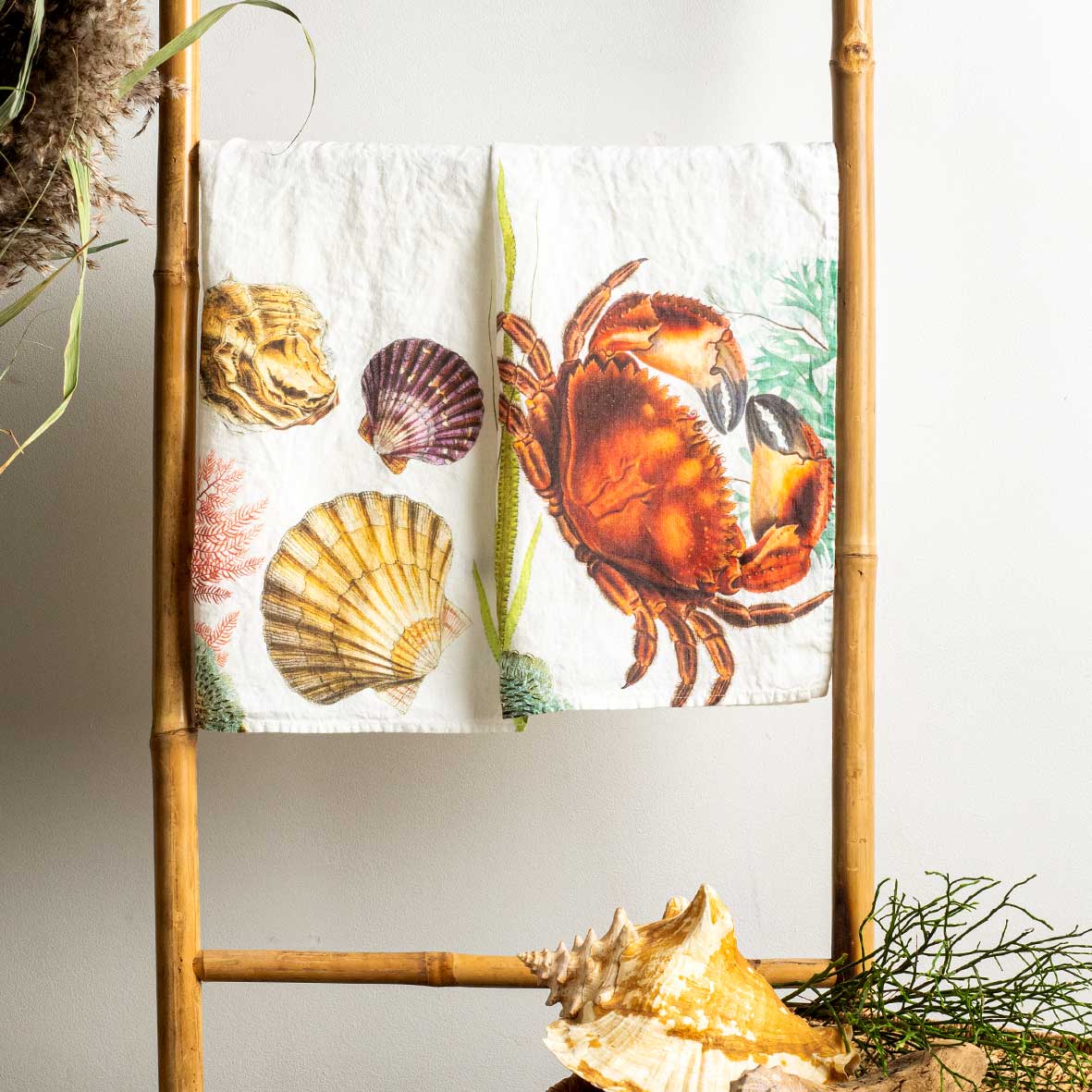 Linoroom “Oyster & Crab,” Pair of linen printed tea towels.