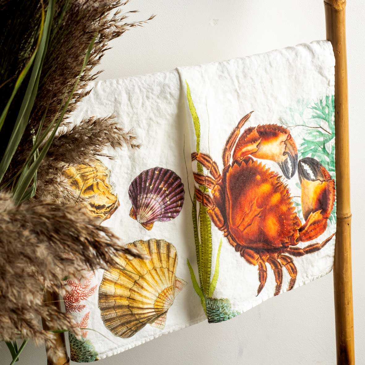 Linoroom “Oyster & Crab,” Pair of linen printed tea towels.