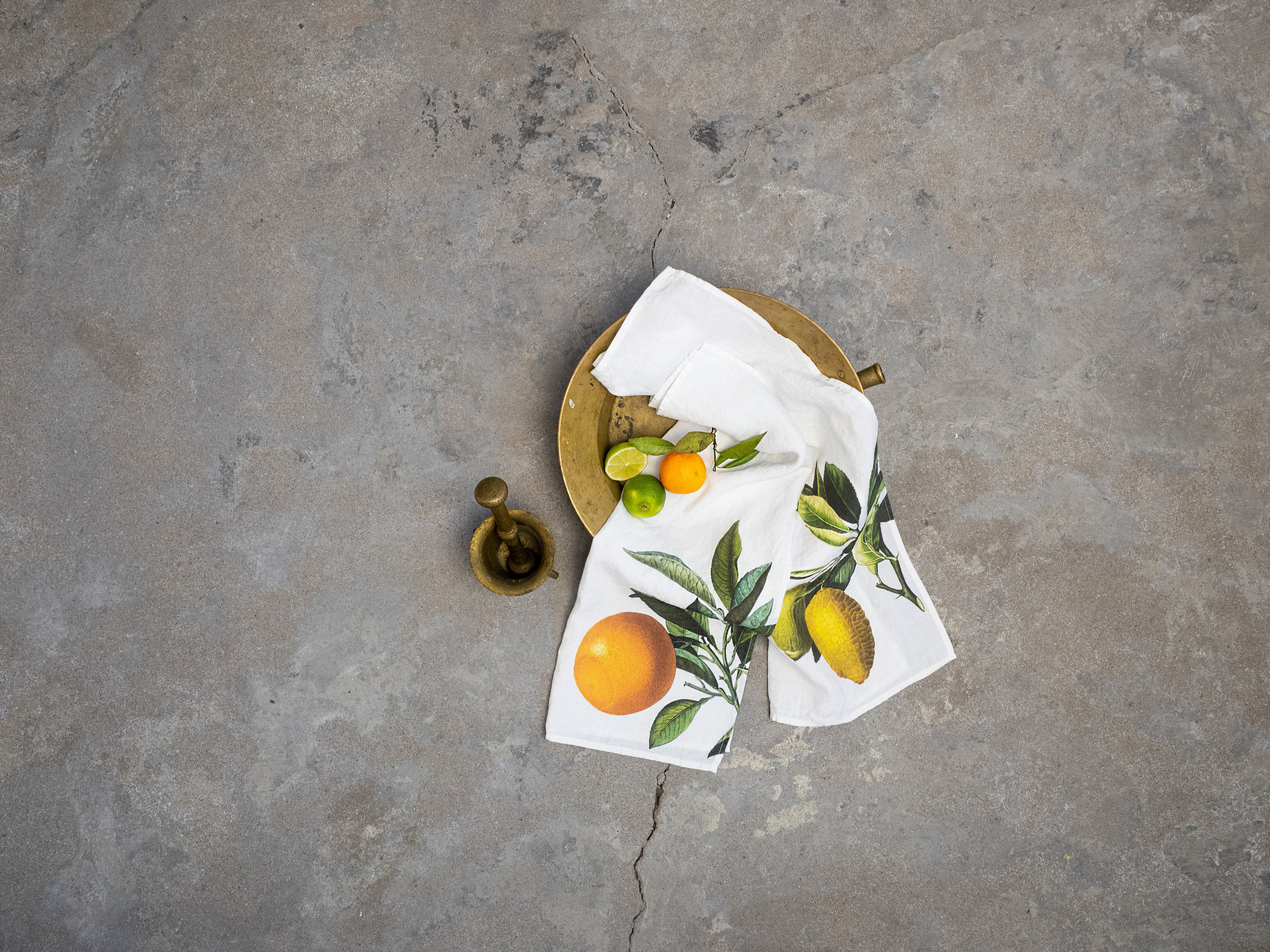 The Linoroom “Orange & Lemon,” Pair of linen printed tea towels.