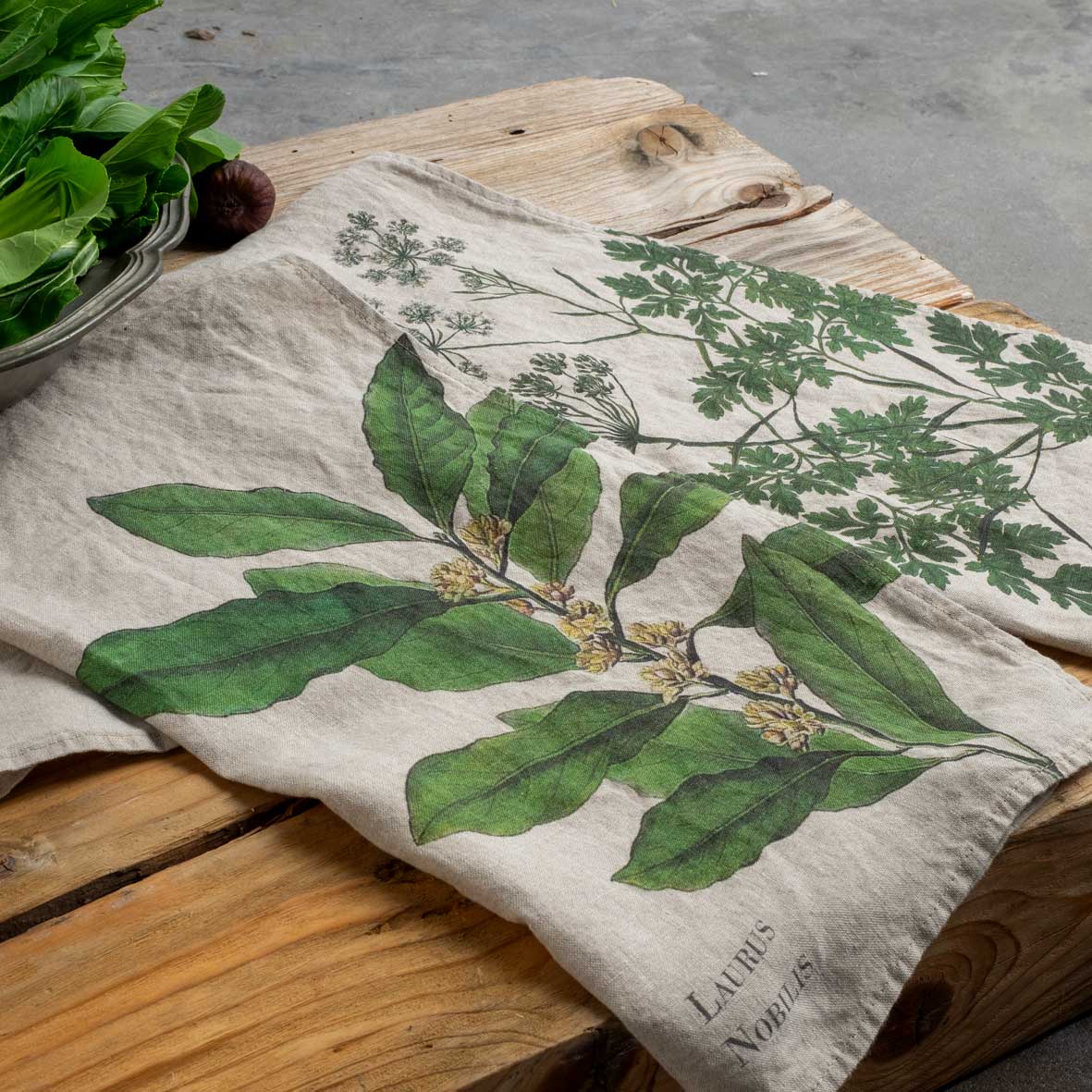 Linoroom “Parsley & Bay,” Pair of linen printed tea towels.