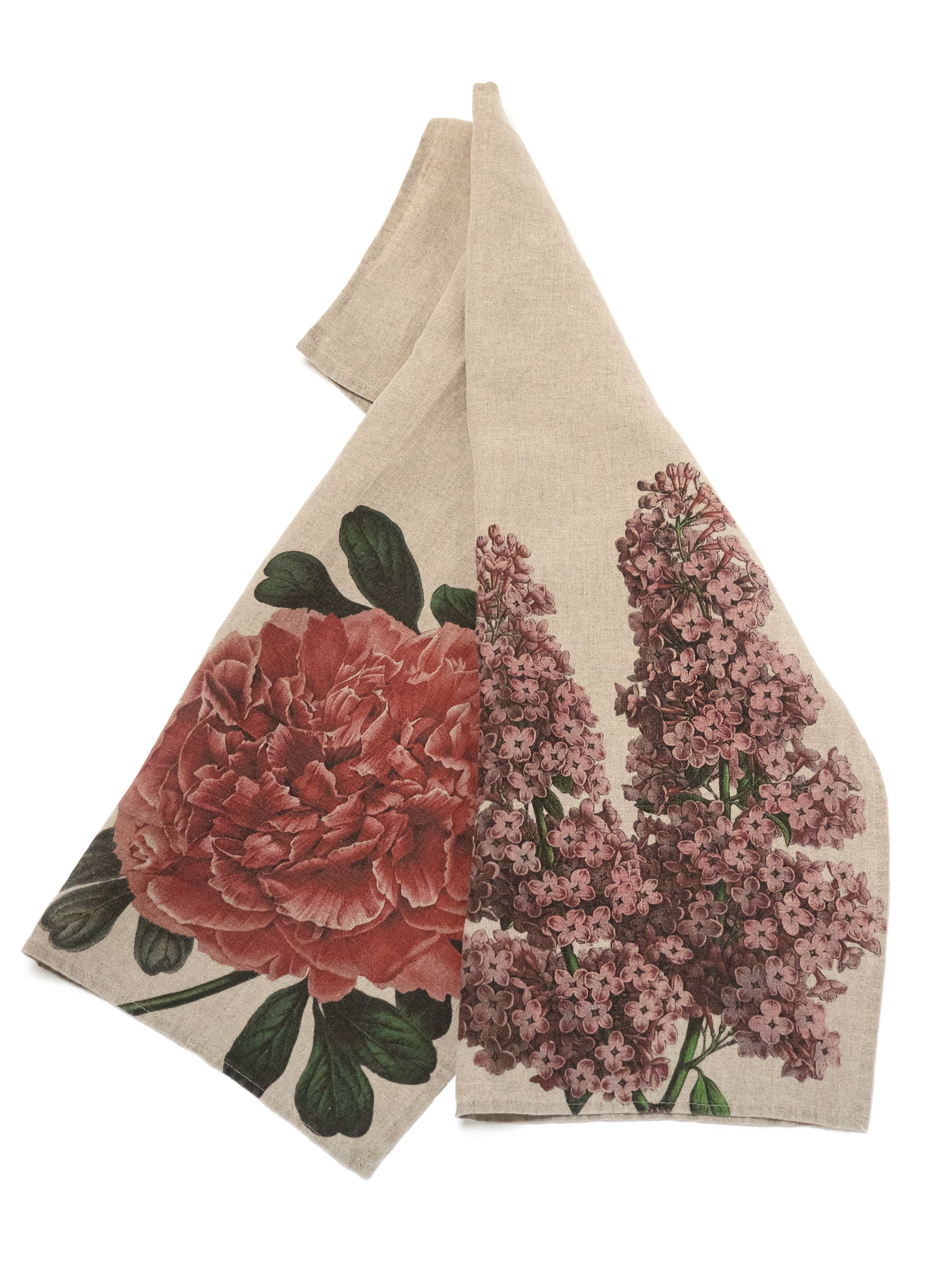 Linoroom “Peony & Lilac,” Pair of linen printed tea towels.