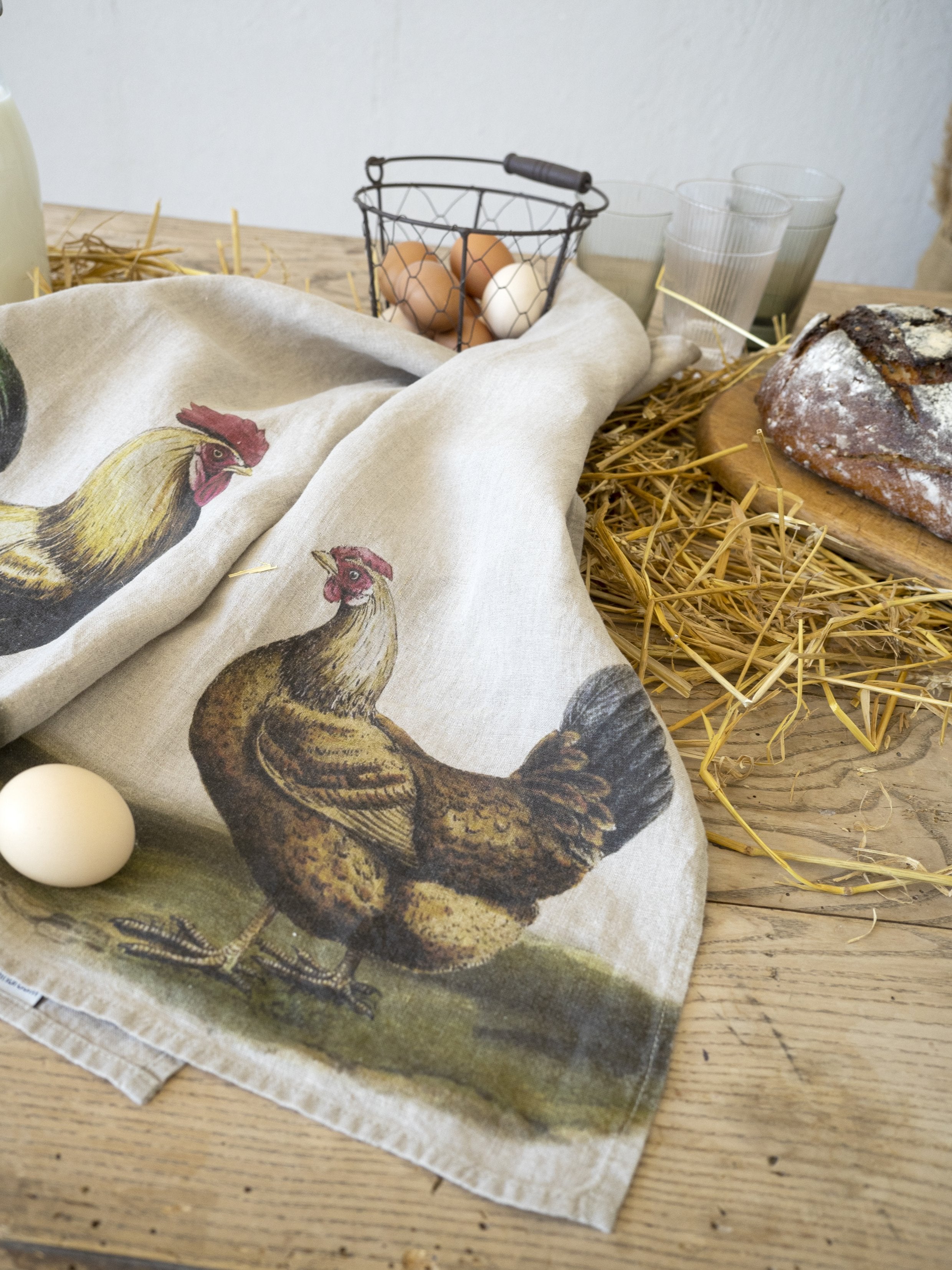 Linoroom “Rooster & Hen,” Pair of linen printed tea towels.