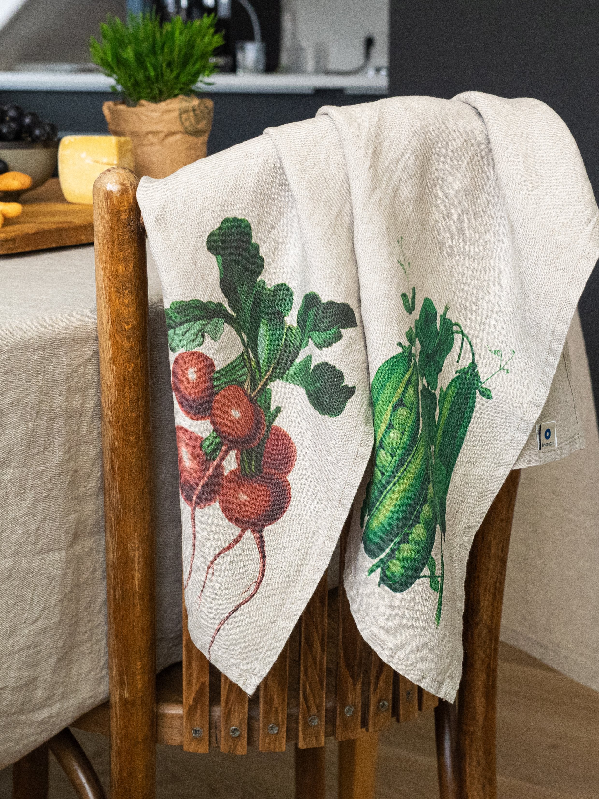 Linoroom “Radish & Peas,” Pair of linen printed tea towels.