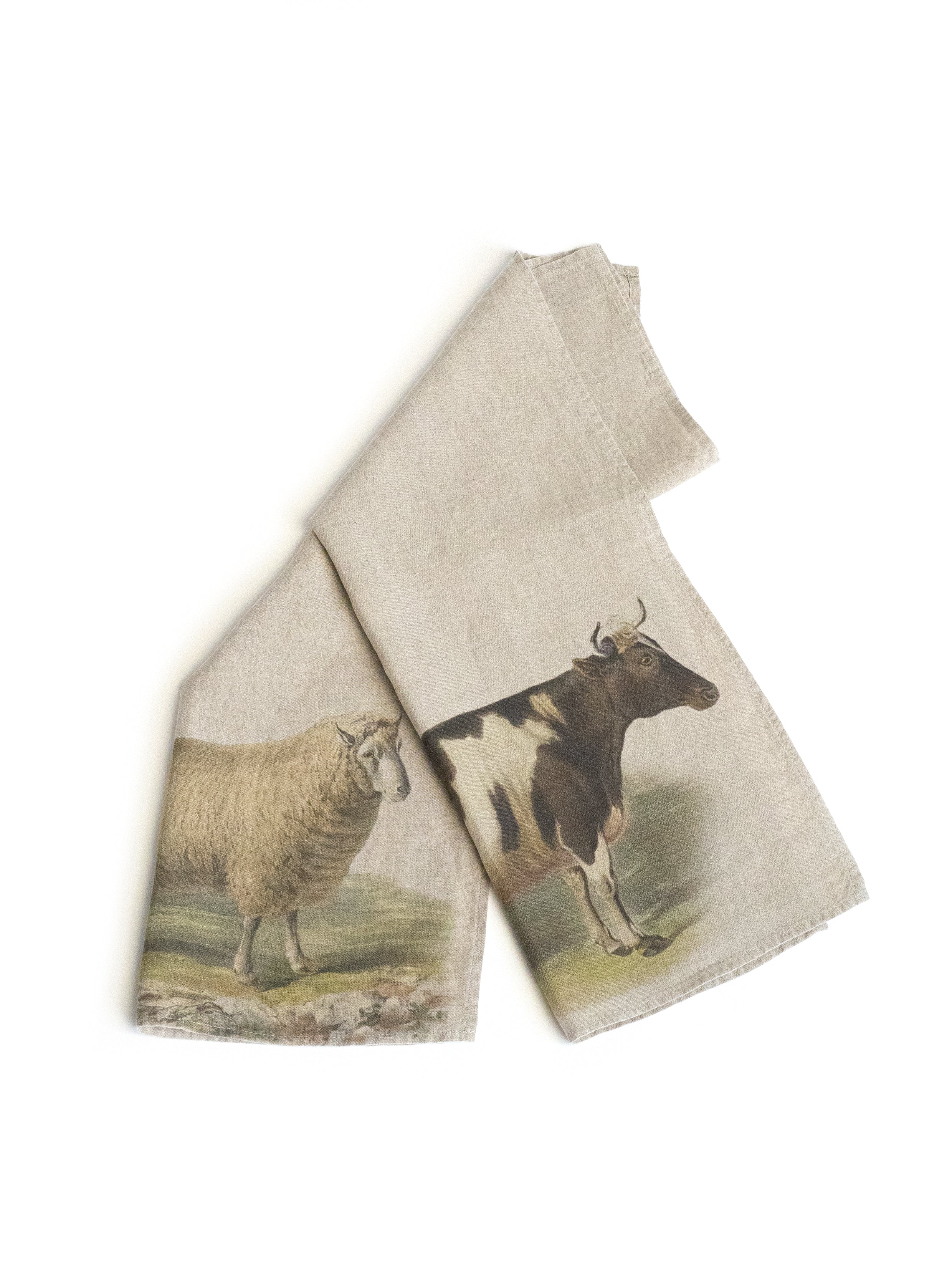 Linoroom “Sheep & Cow,” Pair of linen printed tea towels.