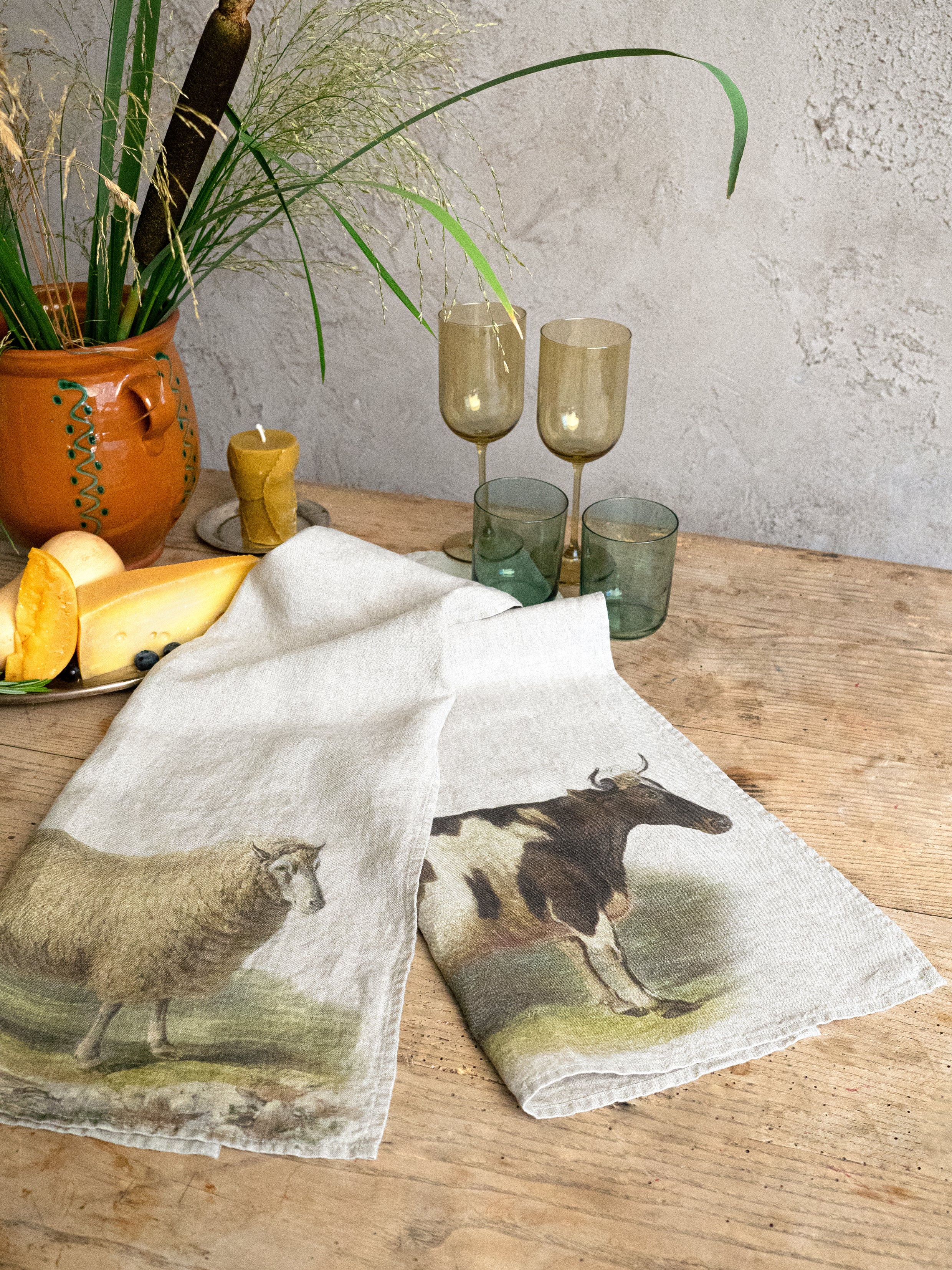 Linoroom “Sheep & Cow,” Pair of linen printed tea towels.