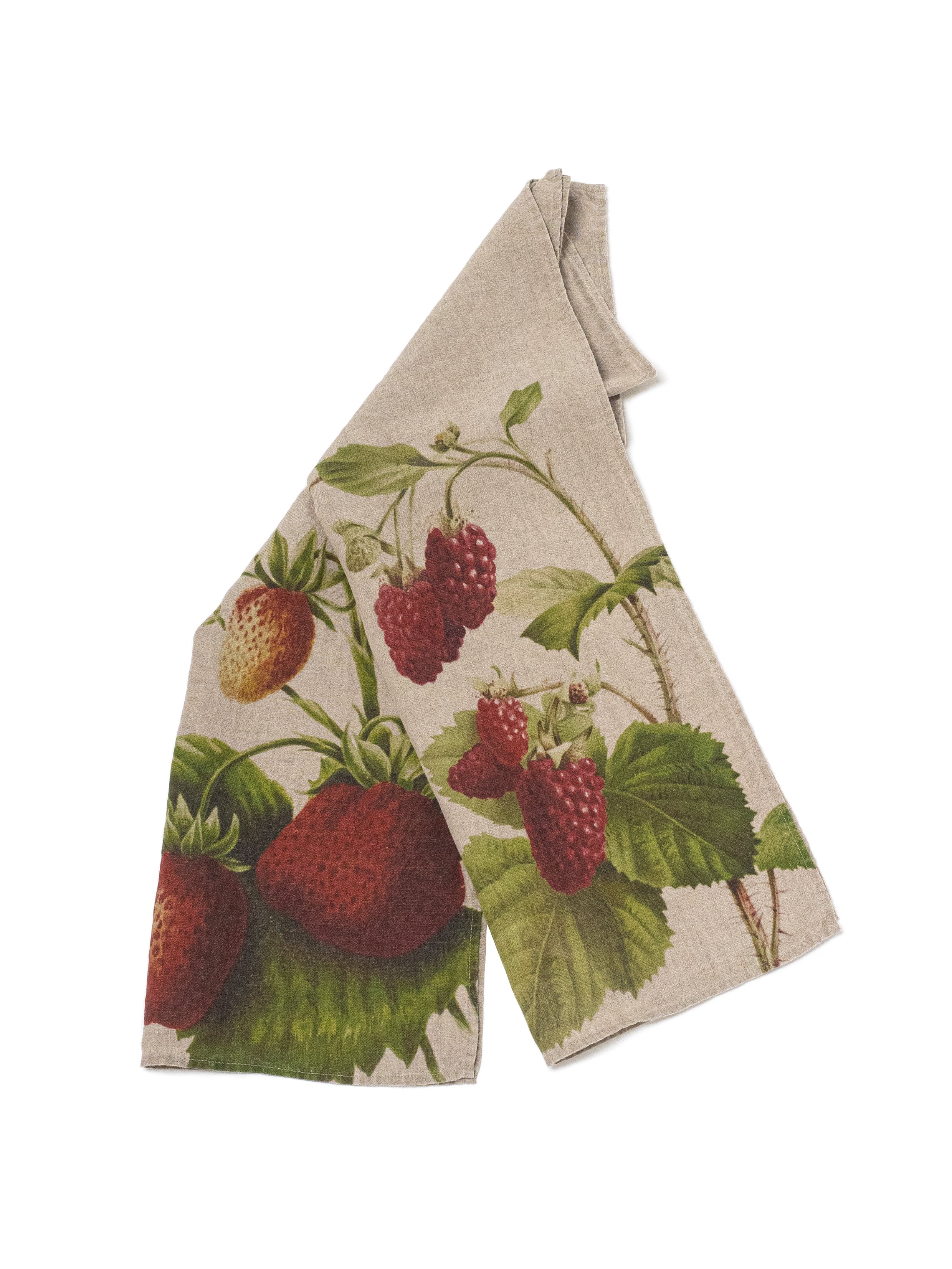 The Linoroom “Strawberry & Raspberry,” Pair of linen printed tea towels.