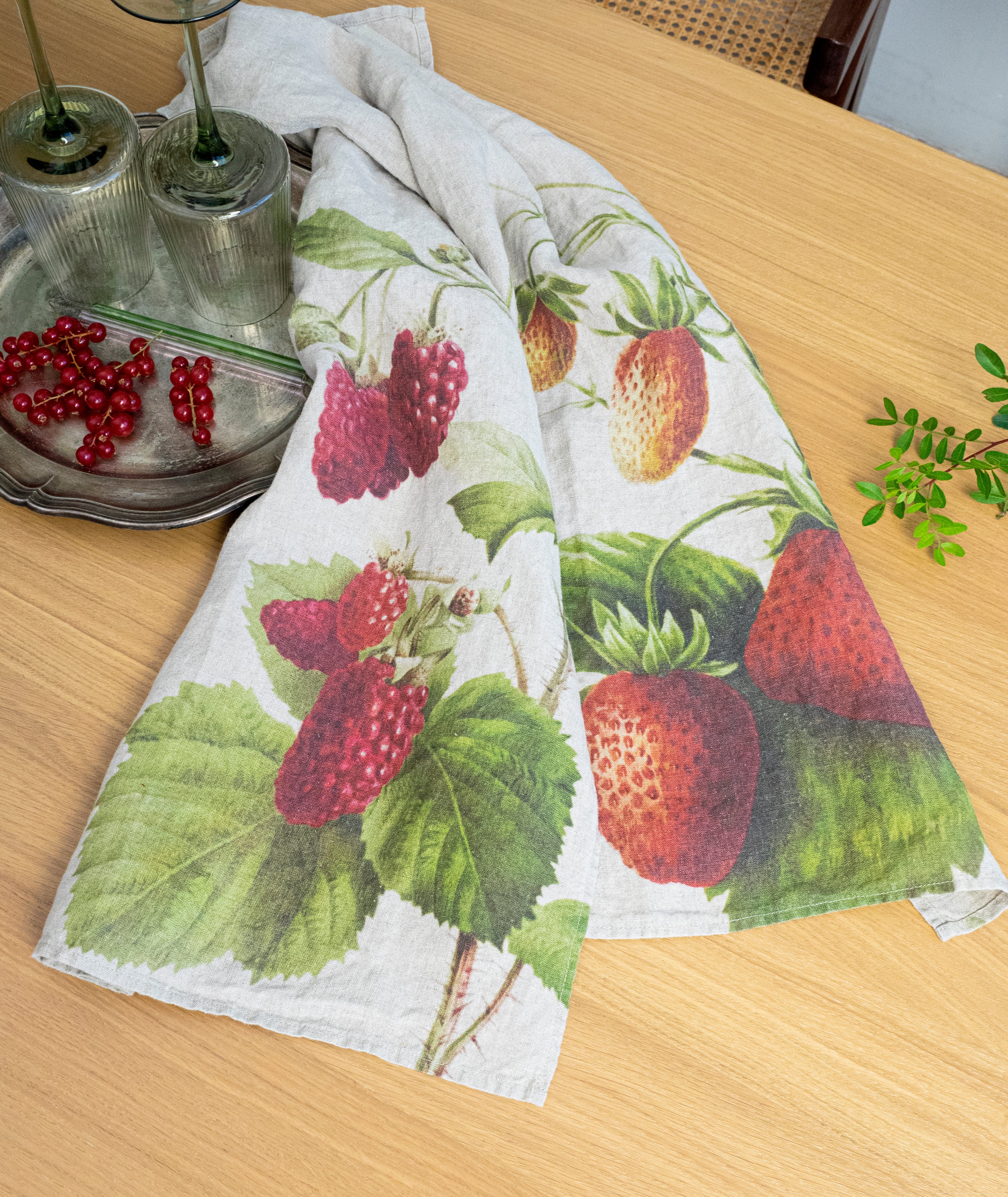 Linoroom “Strawberry & Raspberry,” Pair of linen printed tea towels.