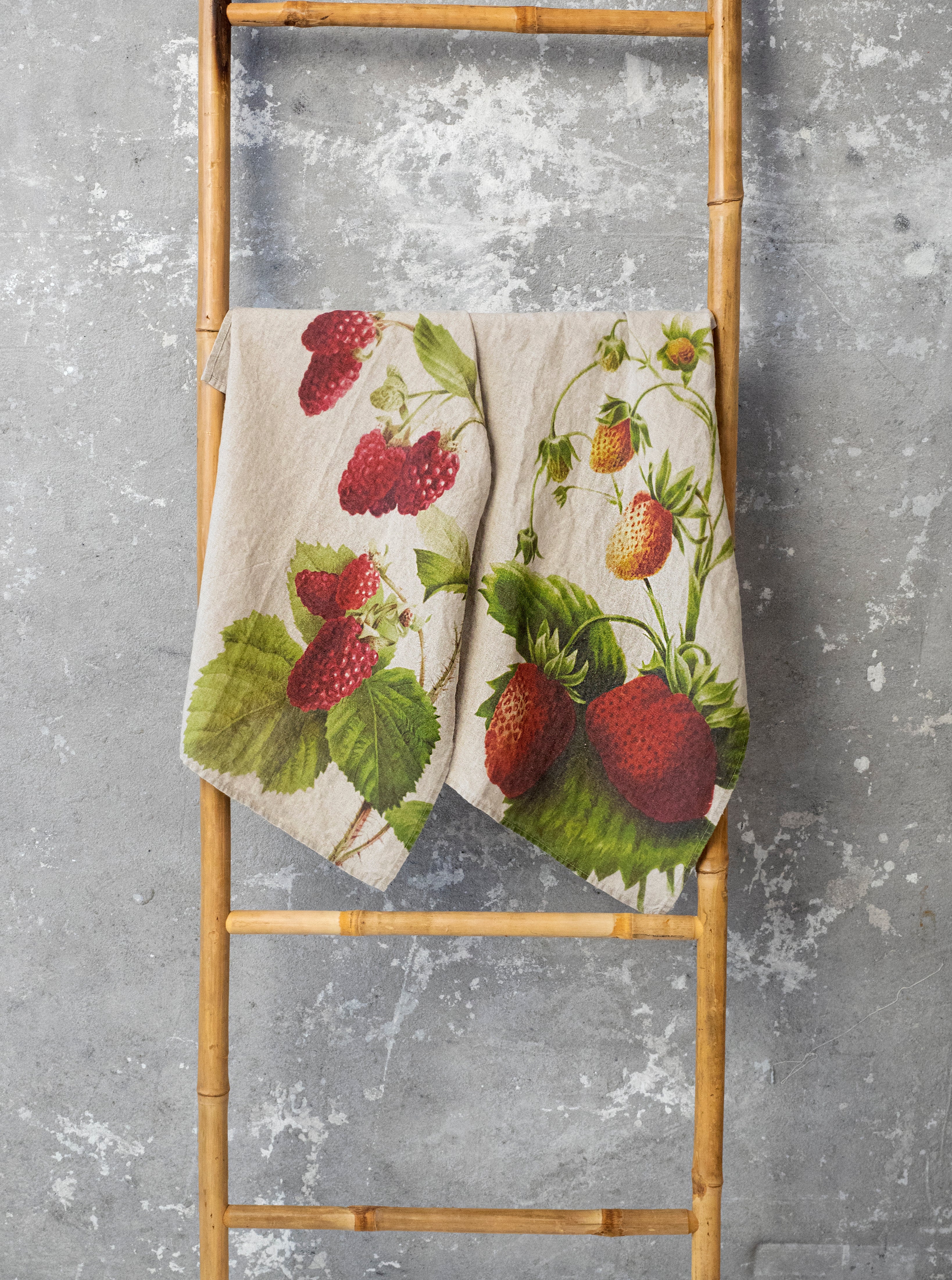 Linoroom “Strawberry & Raspberry,” Pair of linen printed tea towels.