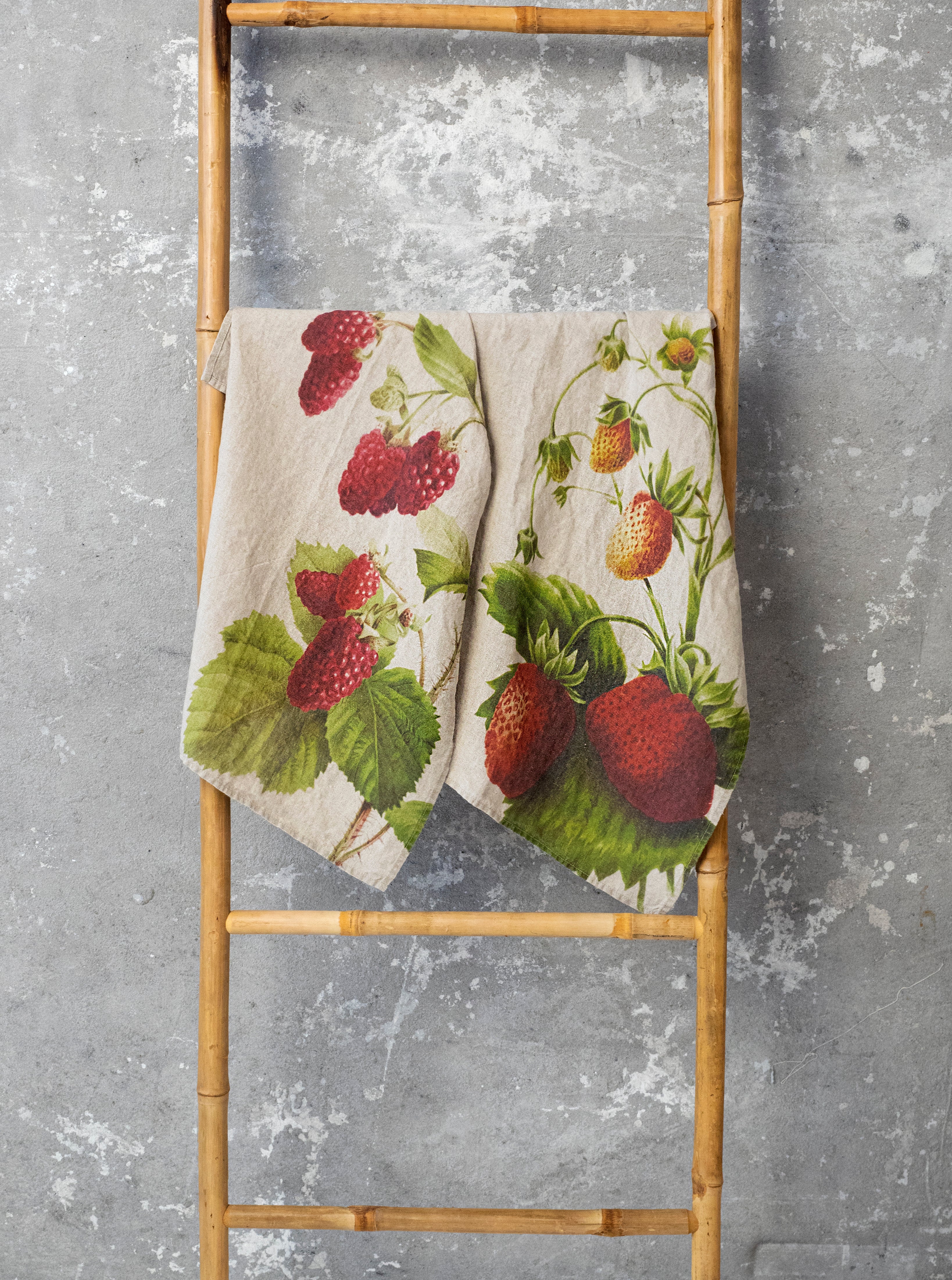 The Linoroom “Strawberry & Raspberry,” Pair of linen printed tea towels.