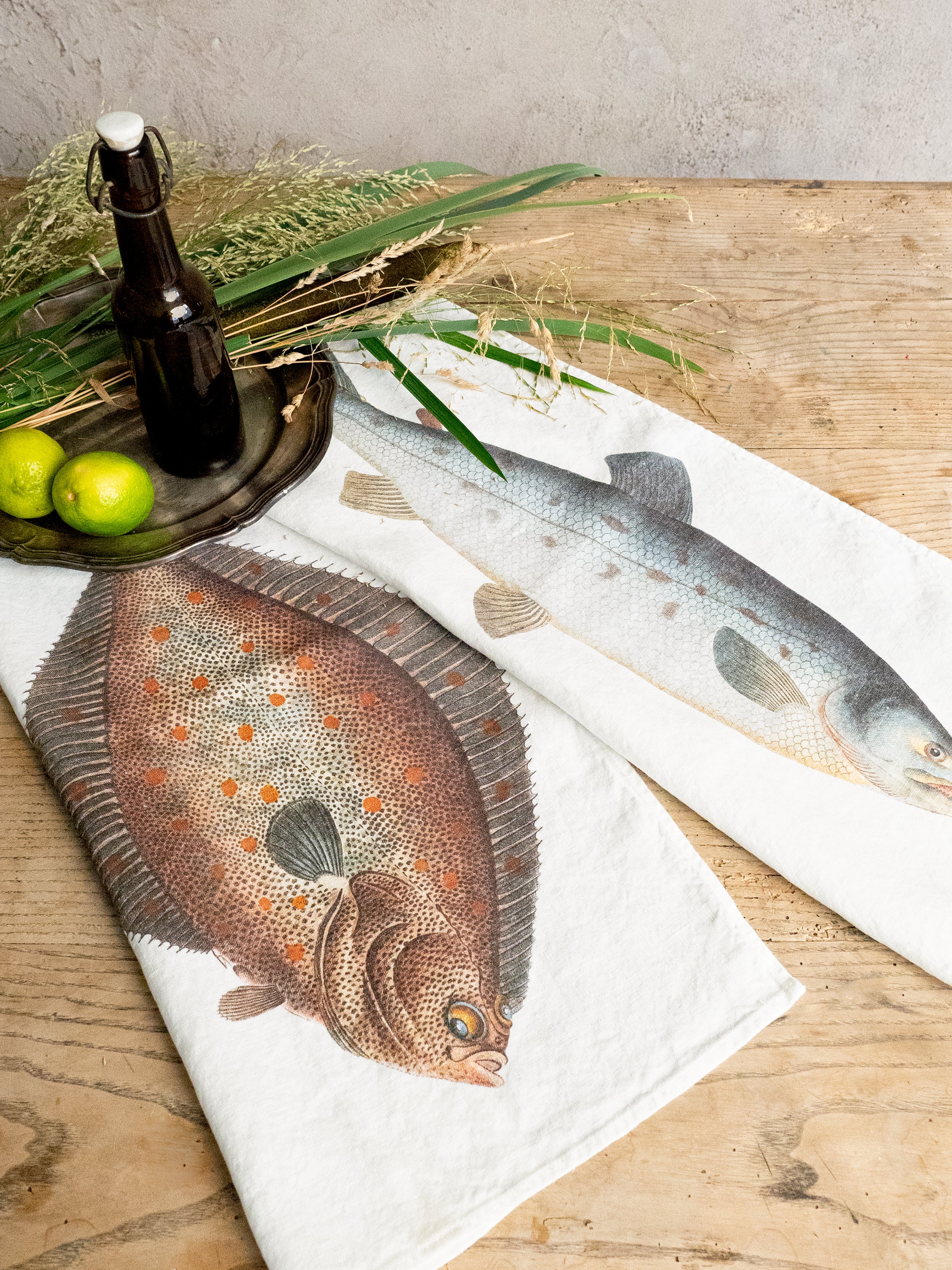 Linoroom “Salmon & Turbot,” Pair of linen printed tea towels.