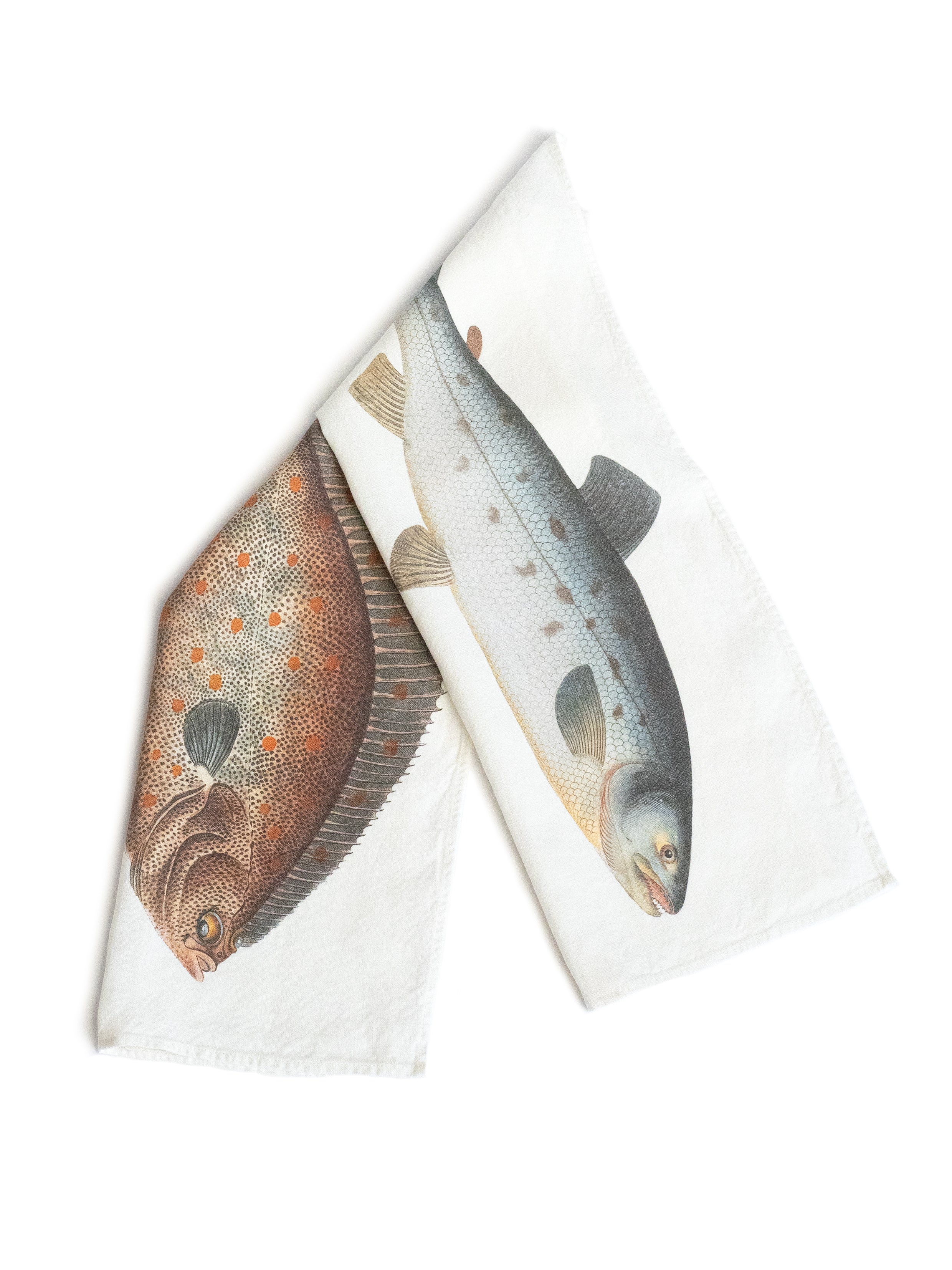 Linoroom “Salmon & Turbot,” Pair of linen printed tea towels.