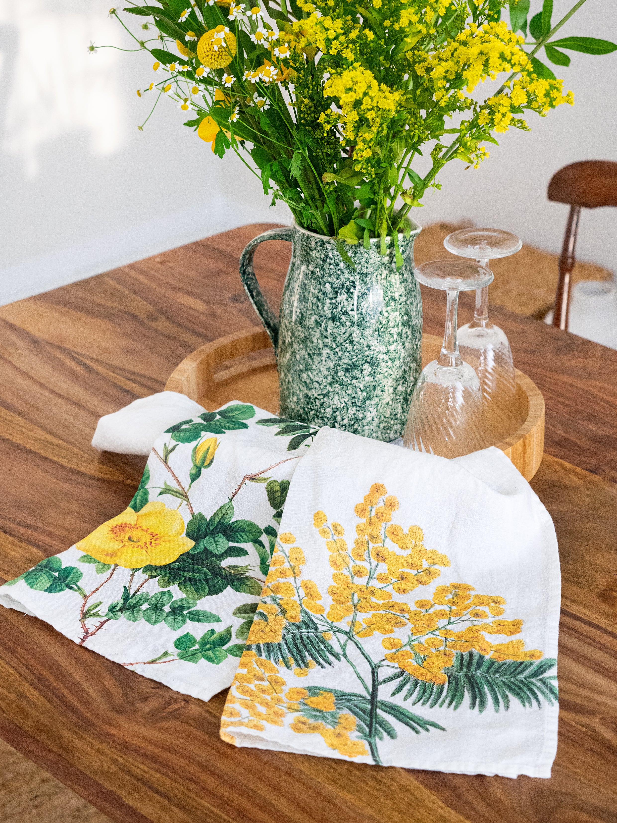 Linoroom “Mimosa & Rose,” Pair of linen printed tea towels.