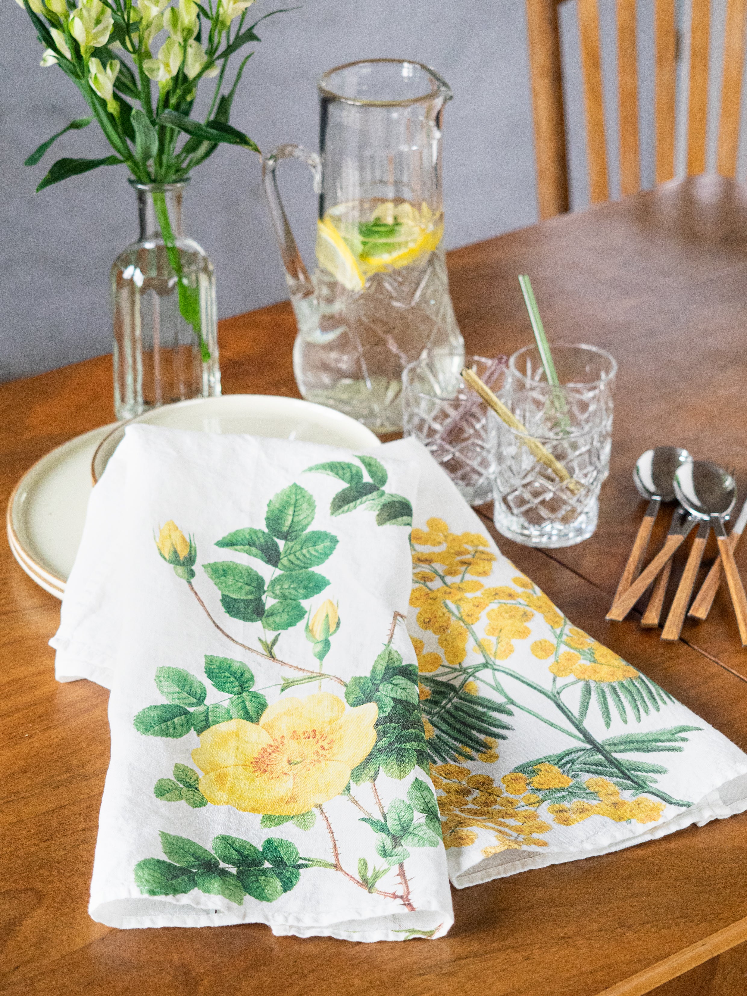 Linoroom “Mimosa & Rose,” Pair of linen printed tea towels.
