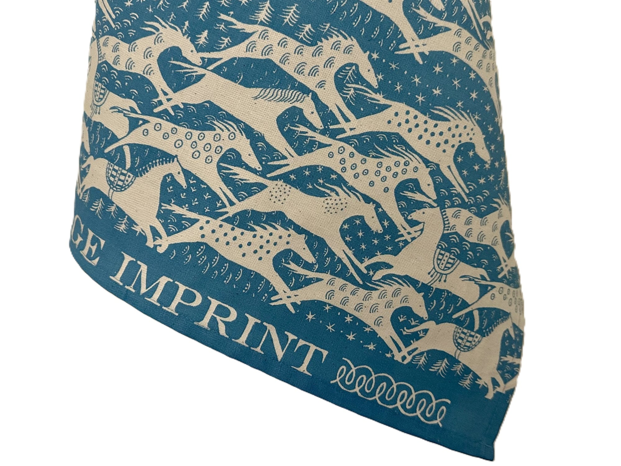 Cambridge Imprint "Horses Turquoise", Pure cotton tea towel. Printed in the UK.