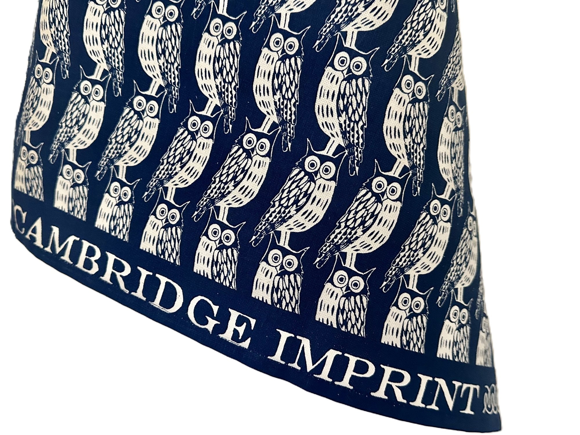 Cambridge Imprint "Owls Indigo", Pure cotton tea towel. Printed in the UK.