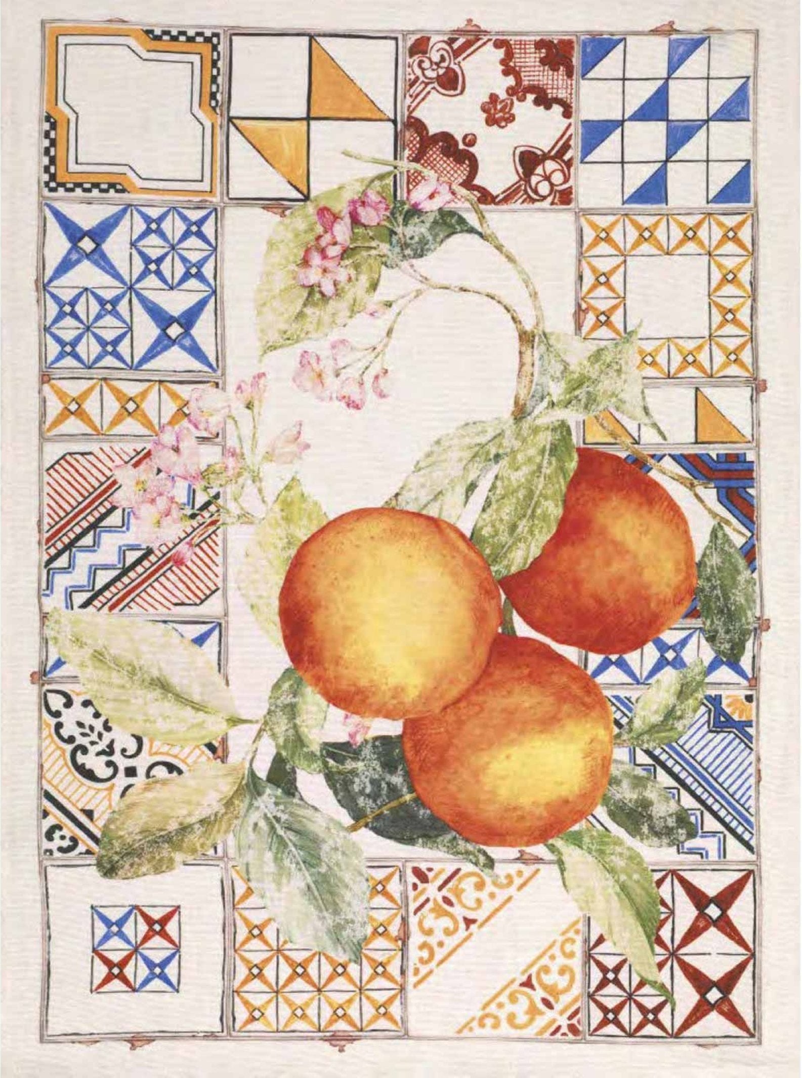 Tessitura Toscana Telerie, “Azulejos Arancio”, Pure linen printed tea towel.