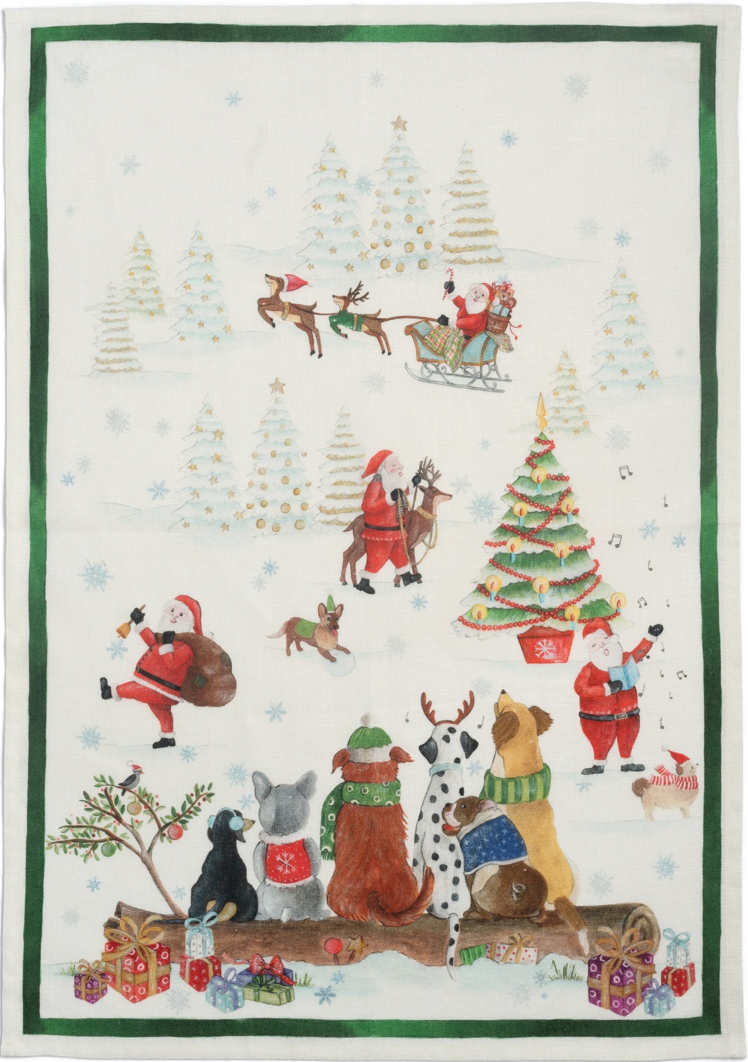 Tessitura Toscana Telerie, “Jingle Woof - Green”, Pure linen printed tea towel.