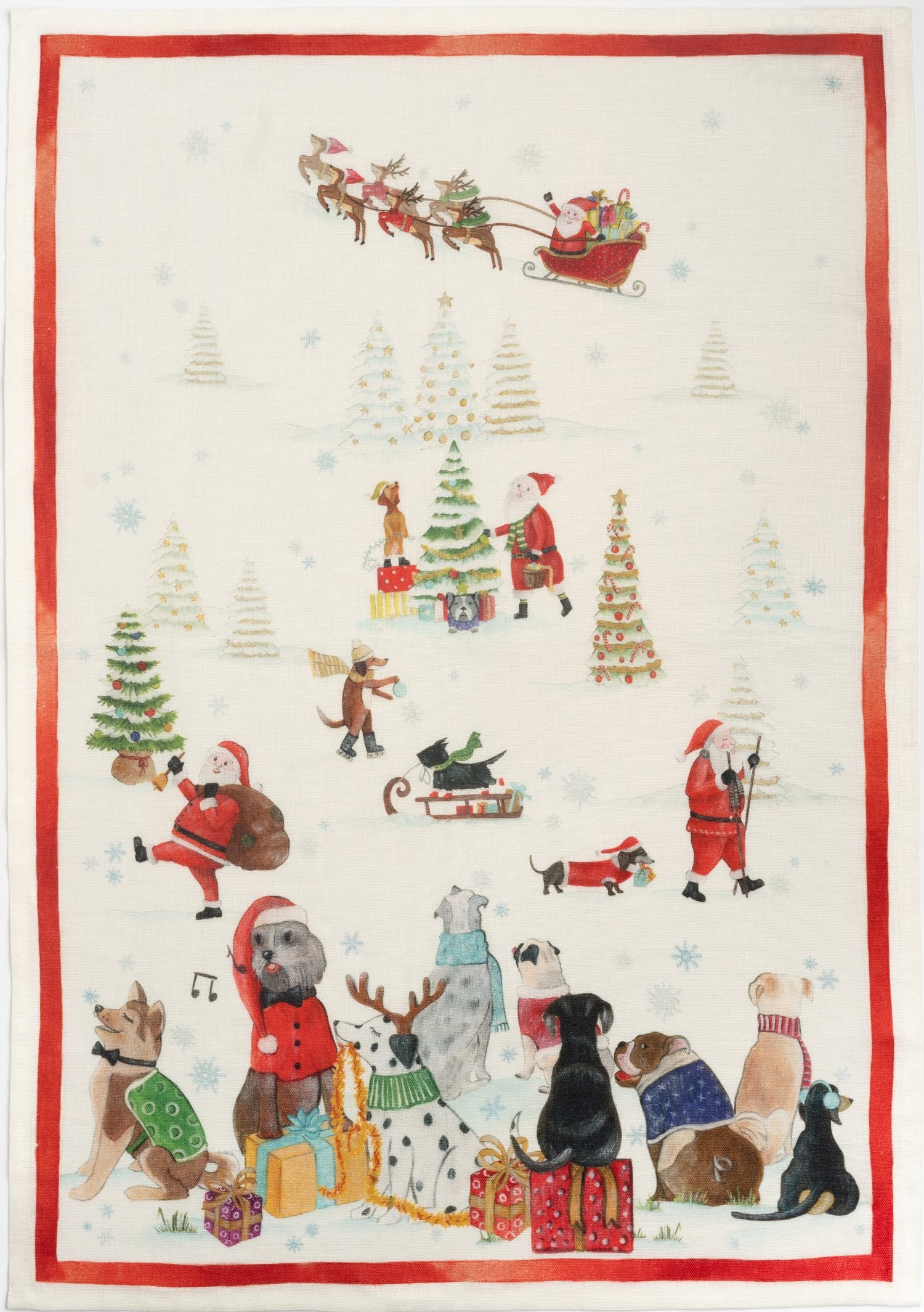 Tessitura Toscana Telerie, “Jingle Woof - Red”, Pure linen printed tea towel.