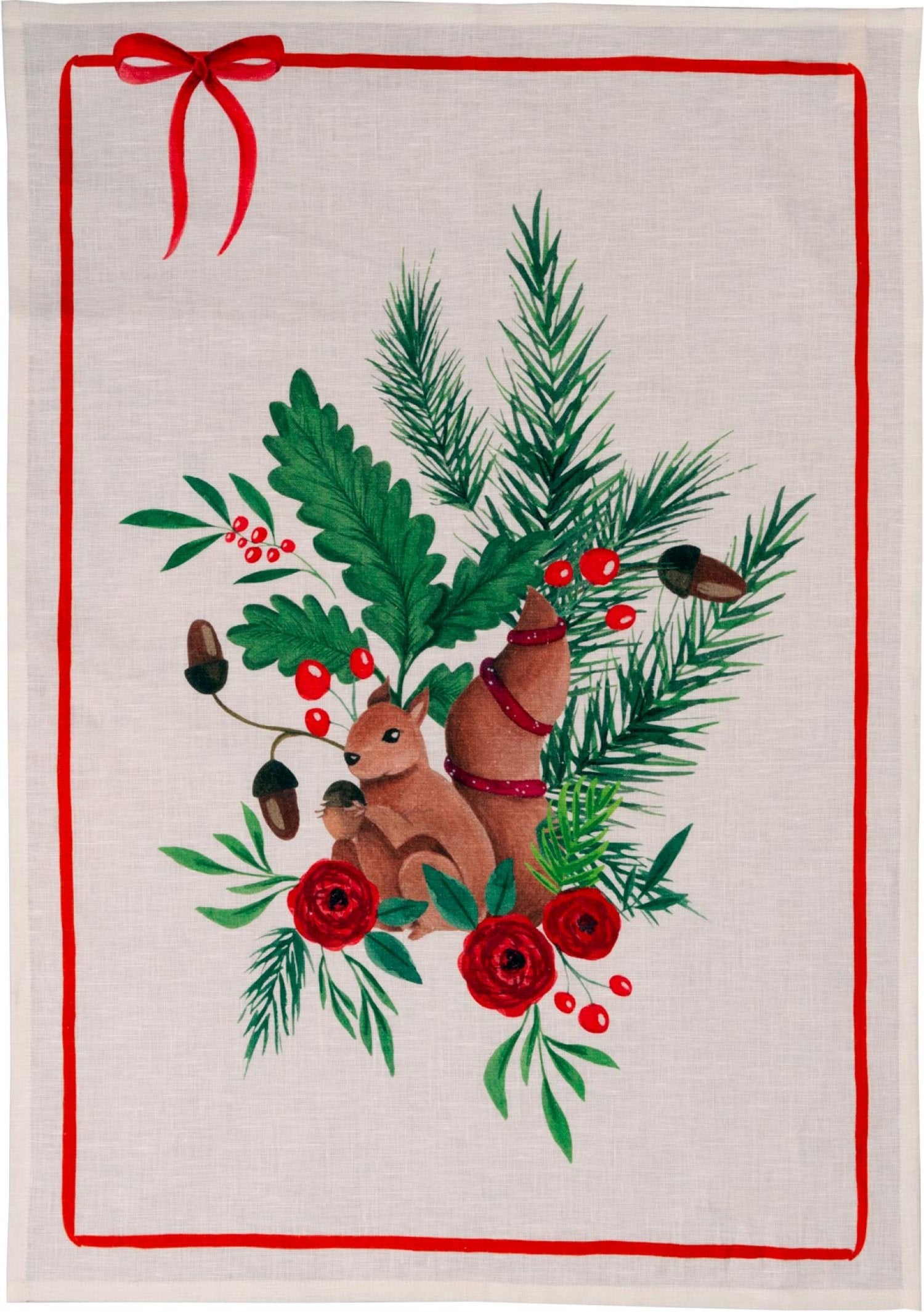 Tessitura Toscana Telerie, “Nutnook Red”, Pure linen printed tea towel.