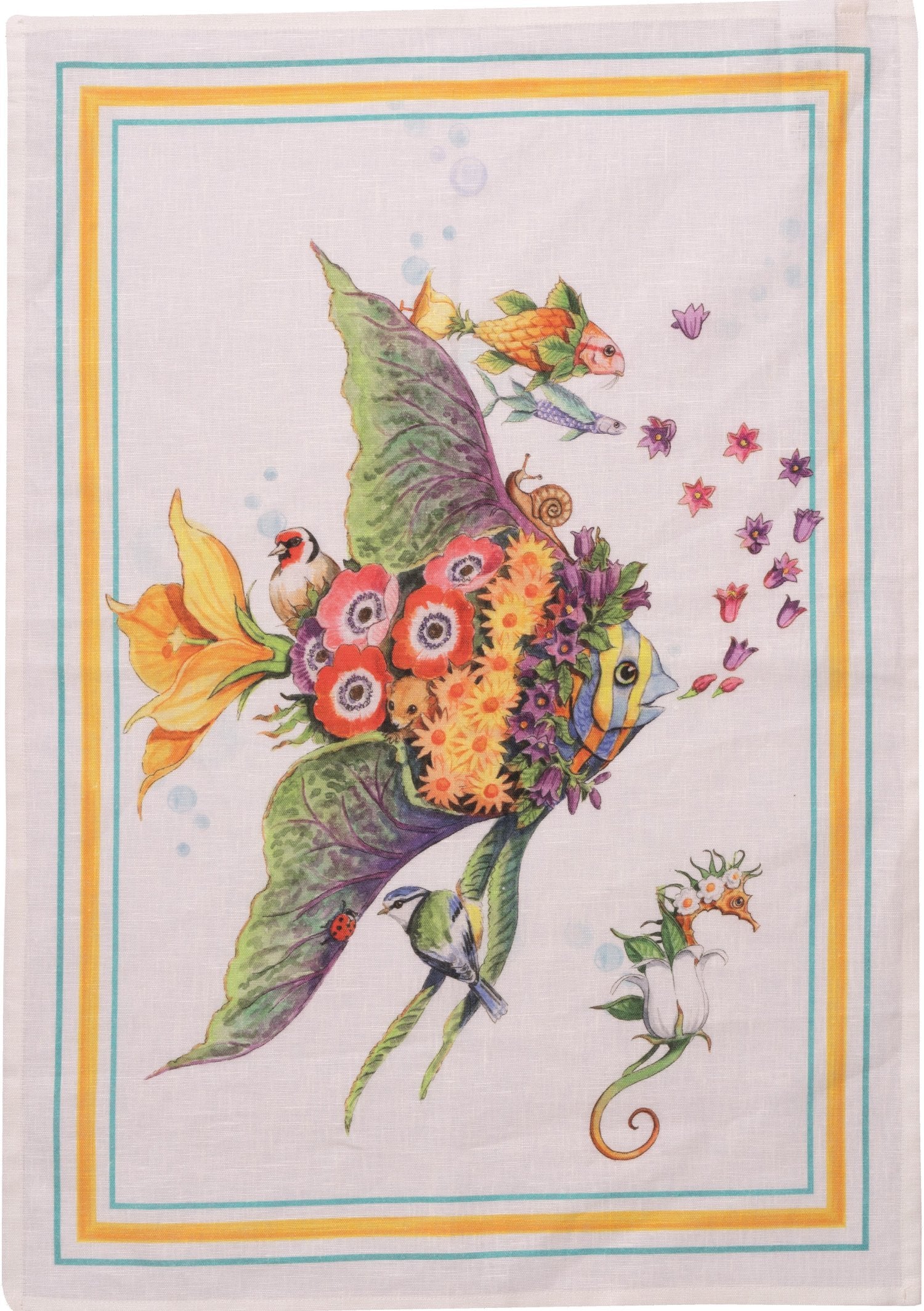 Tessitura Toscana Telerie, “Pesciflora Turquoise”, Pure linen printed tea towel.