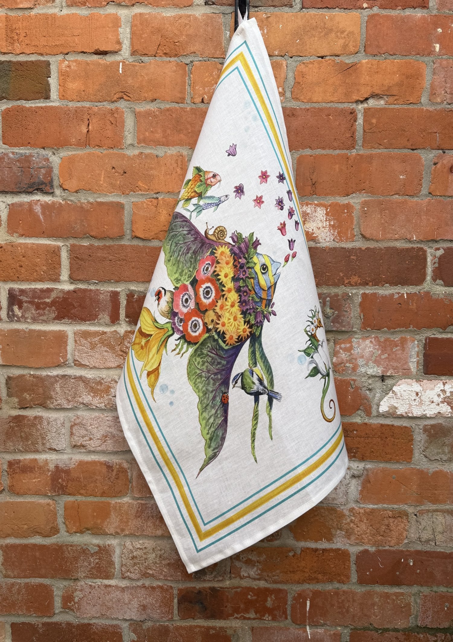 Tessitura Toscana Telerie, “Pesciflora Turquoise”, Pure linen printed tea towel.