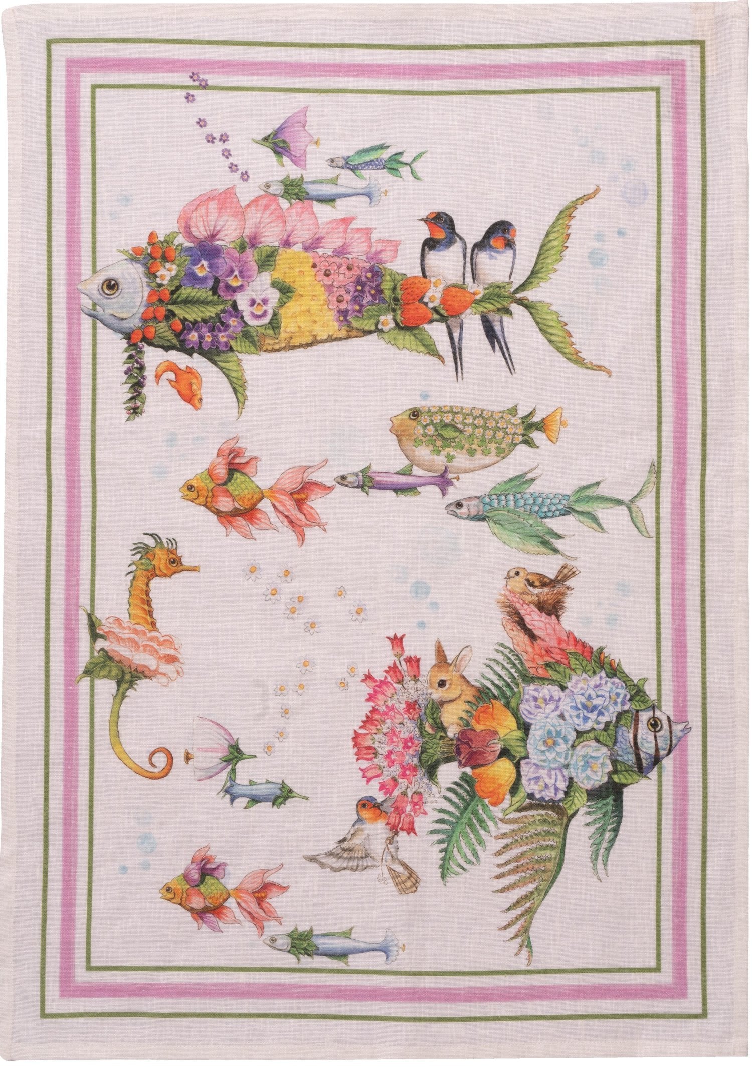 Tessitura Toscana Telerie, “Pesciflora Pink”, Pure linen printed tea towel.