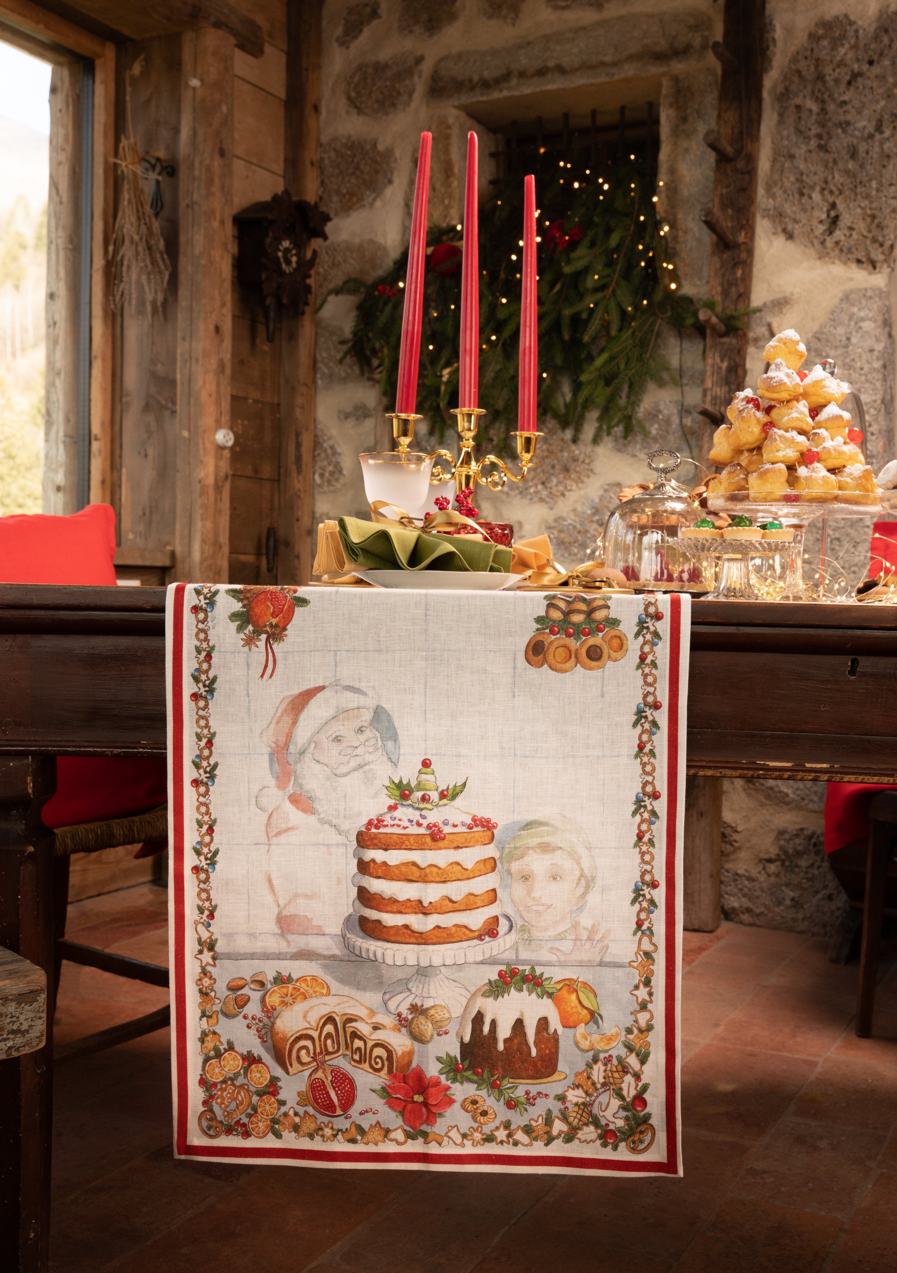 Tessitura Toscana Telerie, “Noel Gourmand”, Pure linen printed table runner.