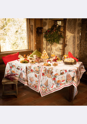 Tessitura Toscana Telerie, “Noel Gourmand”, Pure linen printed tablecloth.