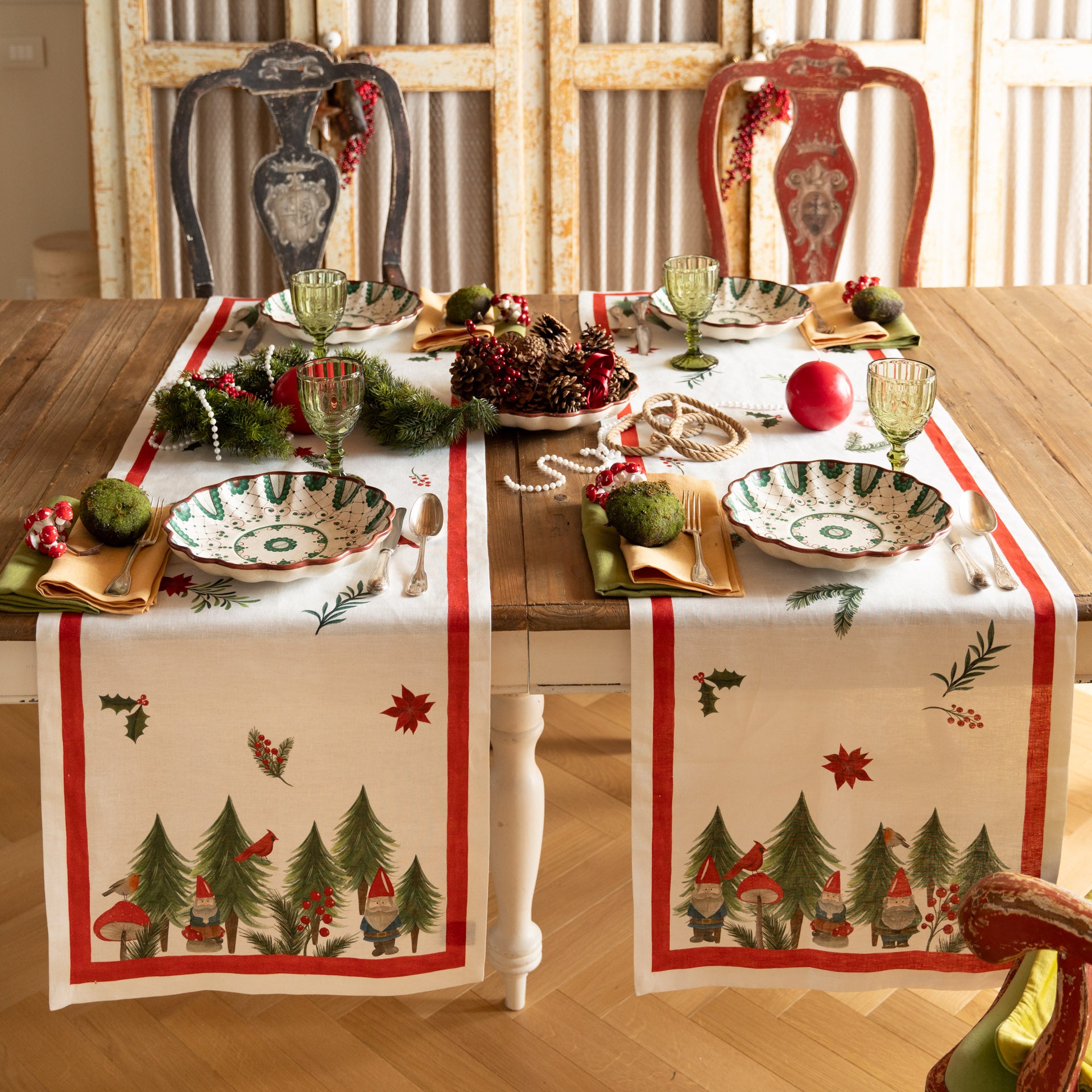 Tessitura Toscana Telerie, “Jolly Elf”, Pure linen printed table runner.