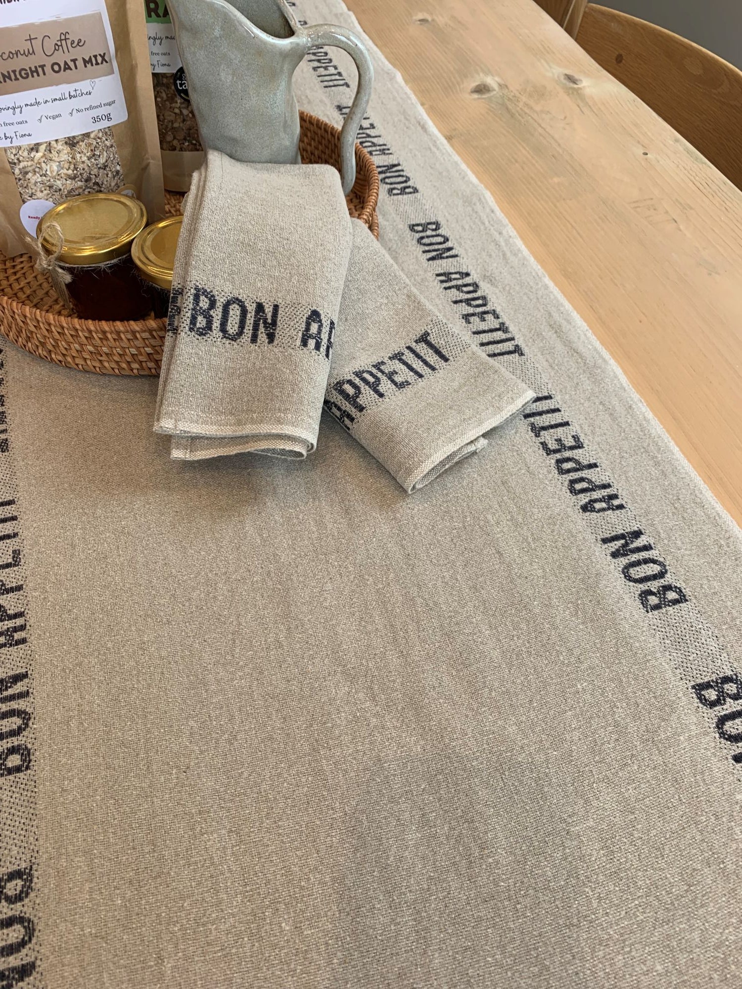 Charvet Editions "Bon Appetit" (Black), Natural woven linen table runner. Made in France.