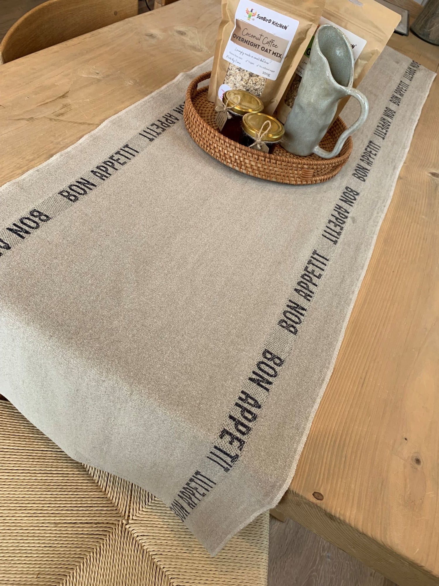 Charvet Editions "Bon Appetit" (Black), Natural woven linen table runner. Made in France.