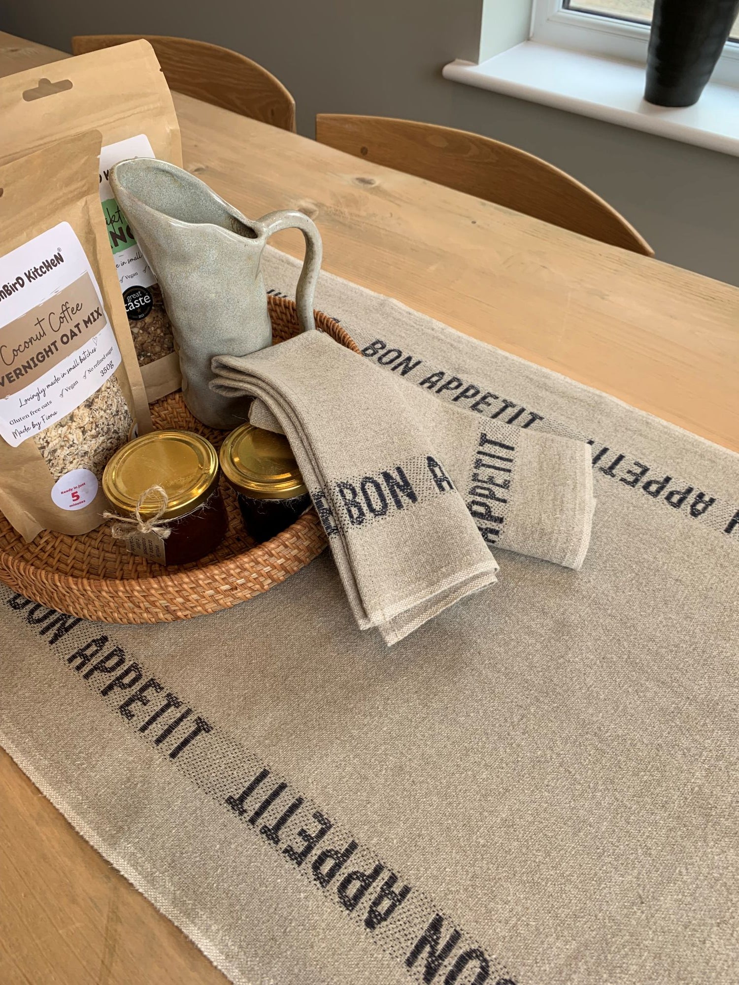 Charvet Editions "Bon Appetit" (Black), Natural woven linen table runner. Made in France.